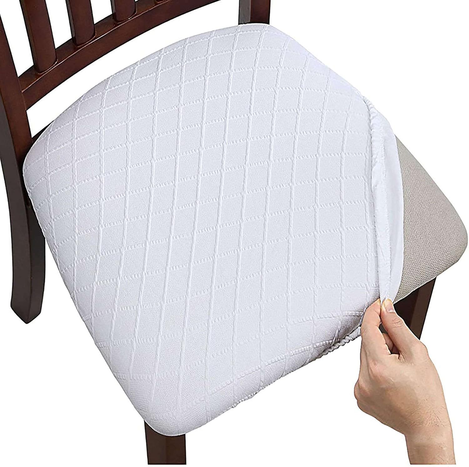 FXBZA Stretch Sofa Cover, Set of 2 Seat Covers for Dining Room Chairs Chair Seat Covers Removable Dining Chair Seat Covers for Dining Room Kids Pets Cat Dog-White B-Set of 4