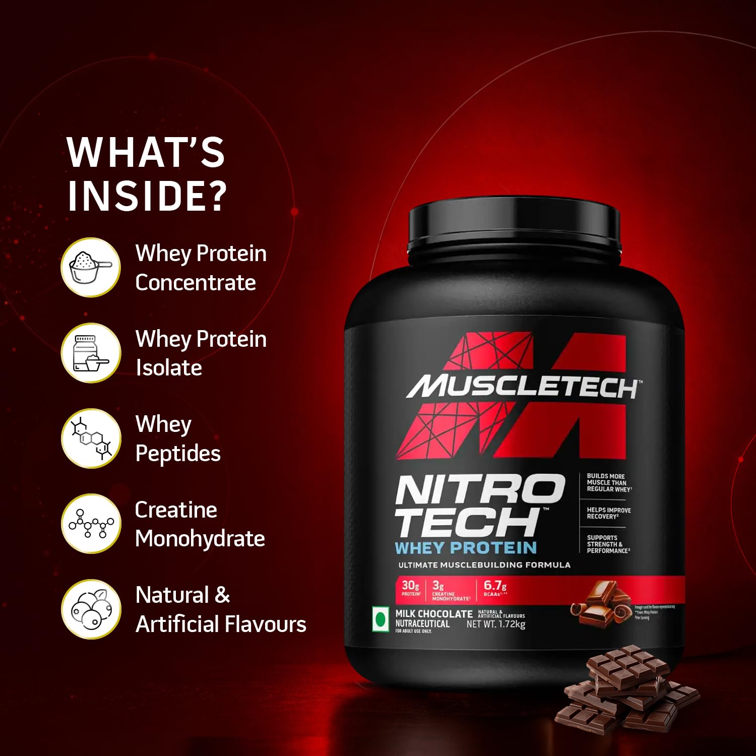 MuscleTech Nitro-Tech Whey Protein, 1.72kg (3.8lbs), Milk Chocolate, 30g Protein, 3g creatine monohydrate, 6.7g BCAA, ultimate muscle building formula, increase strength & performance — Amazon image 4