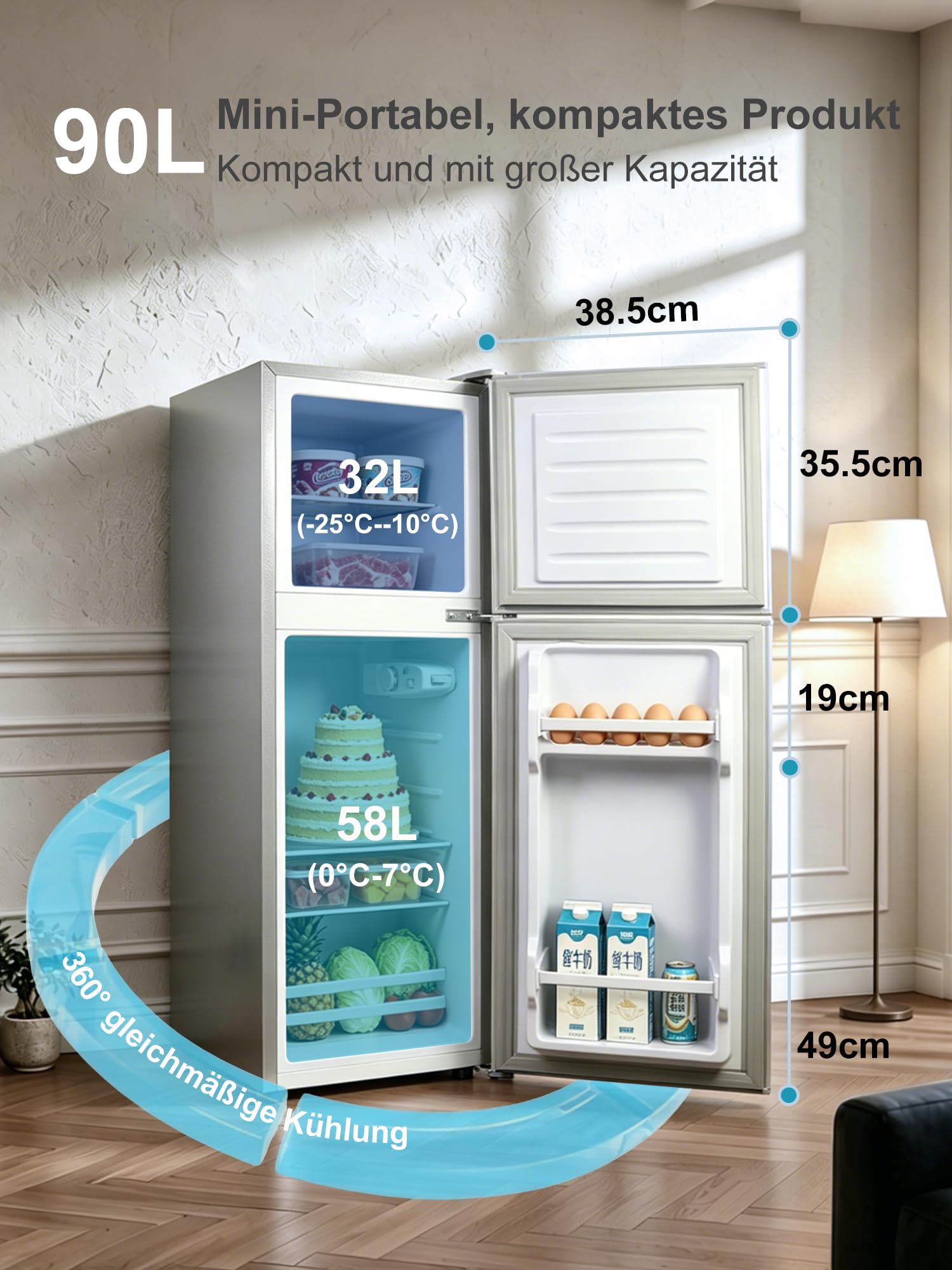 Mini Kühlschrank mit Gefrierfach, Kompaktkühlschrank, Temperaturregelung, Herausnehmbare Ablagen, LED-Beleuchtung, Leise, Energieklasse C, für Büro, Wohnung & Studentenwohnheim (90, Liter)