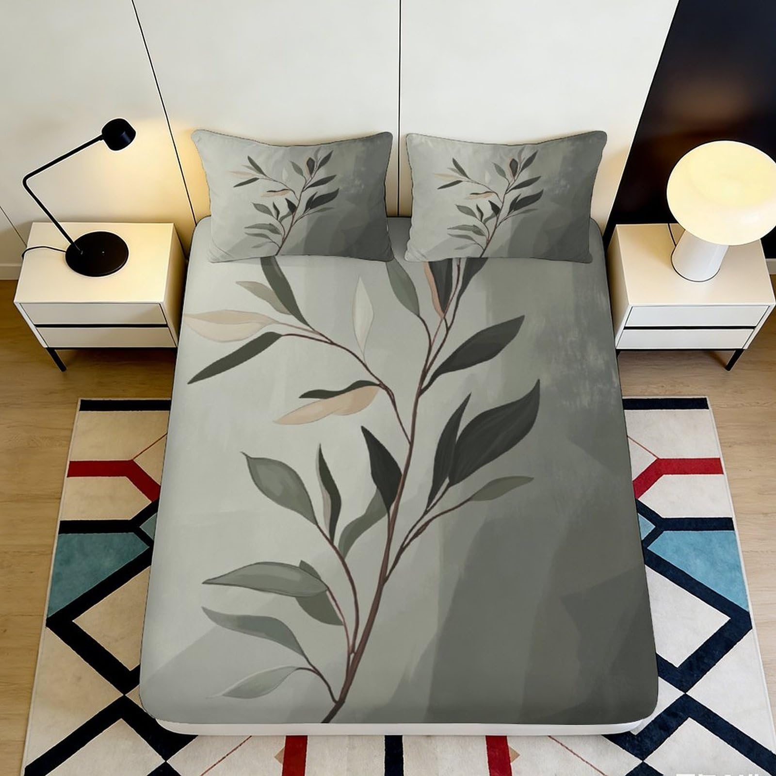 3D Printed Botanical Leaf Fitted Sheet Microfiber Soft Green Branch Mattress Cover for Bedroom Guest Room Decor 90x200x25cm