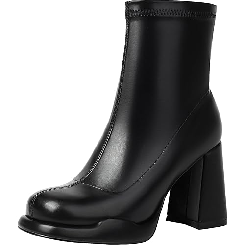 Mofirdast Gogo Boots Platform Chunky Heel Ankle Boots for Women Square Toe Mid Calf Boots with Side Zippers for Party Cosplay Dance