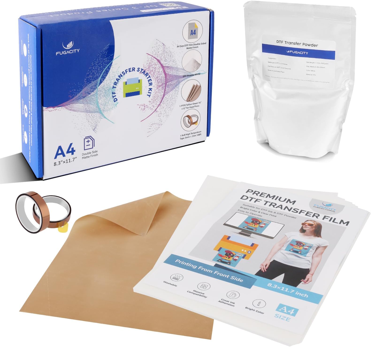 DTF Transfer Film Powder Kit, All-in-One DTF Sublimation for Beginners, 30 Sheets Transfer Paper Direct to Film and 250ml White Digital Hot Melt Adhesive, DTF Powder for All Dyes