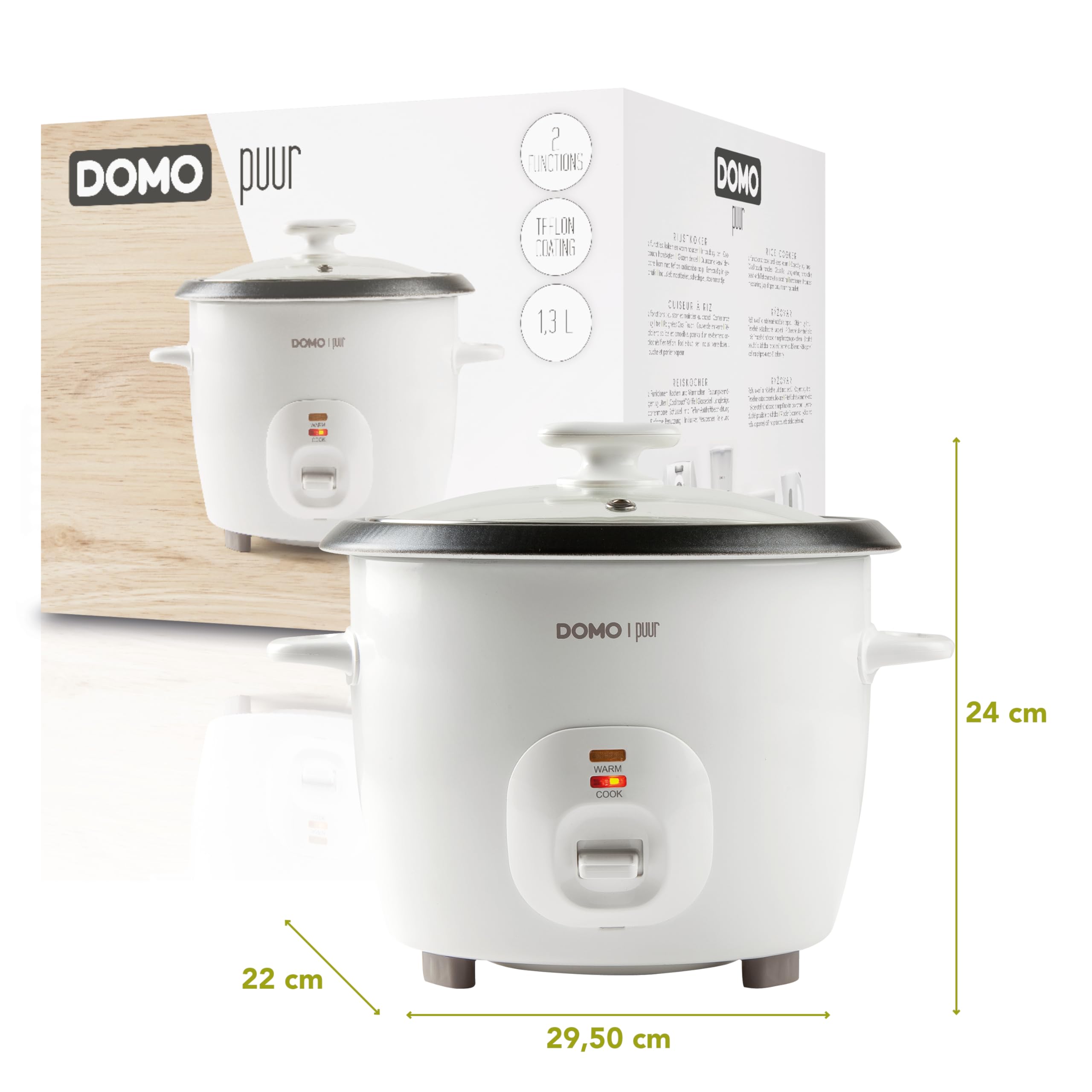 DOMO DO9176RK - Cuocere riso serie "Puur", per cucinare e mantenere al caldo, manici Cool touch, rivestimento antiaderente in teflon, con misurino, mestolo e cestello per vapore, 1,3 l, bianco