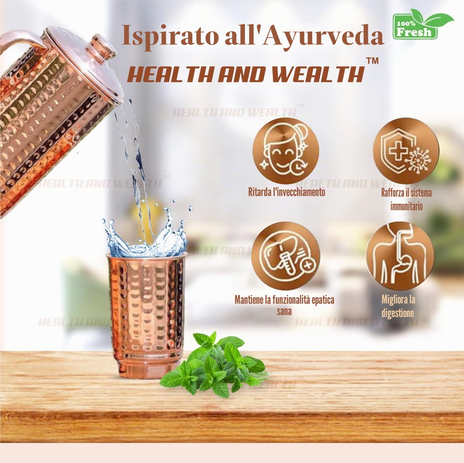 Brocca d'acqua martellata in puro rame con set di 2 bicchieri | Brocca per acqua in rame | Capacità 1,5 l oz