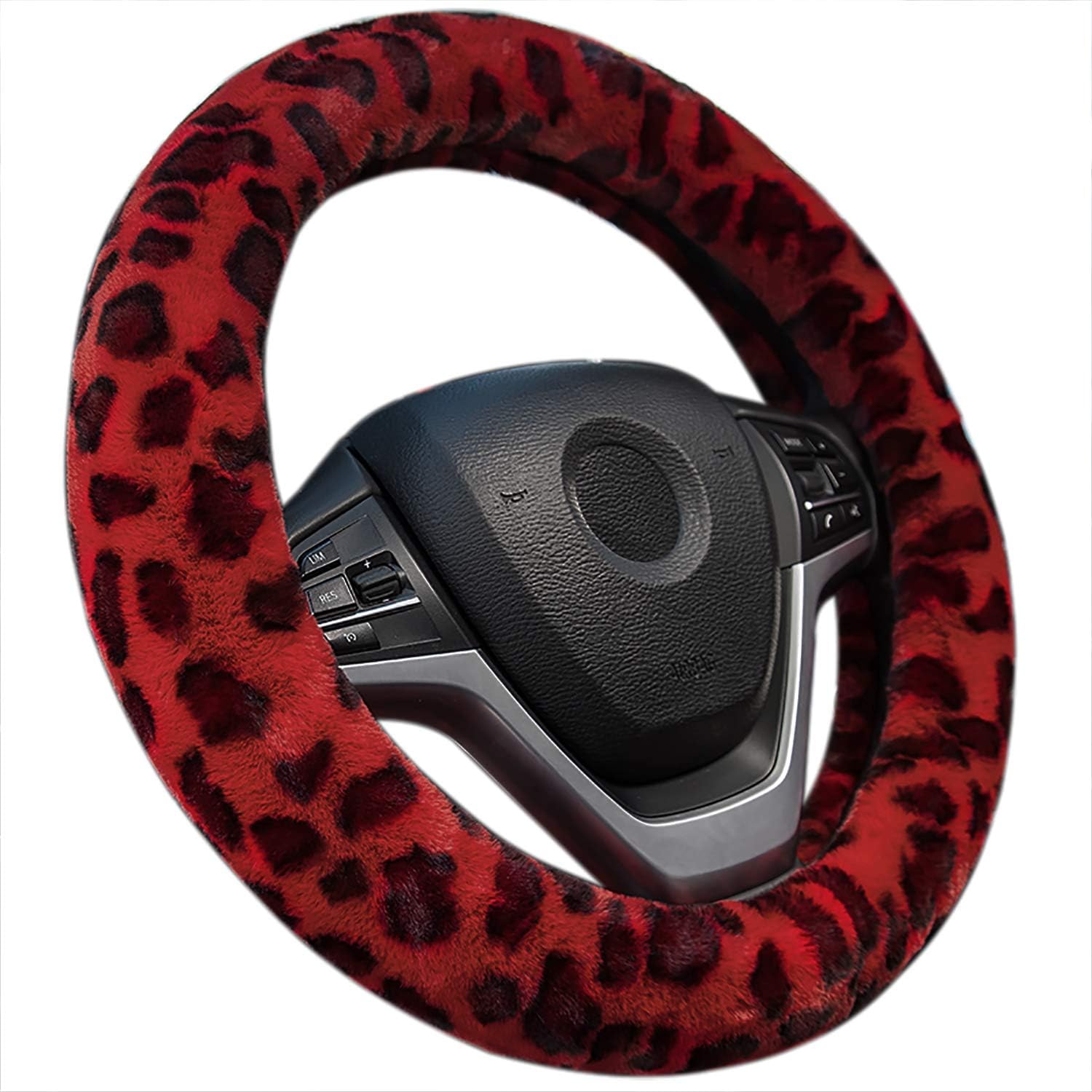 Achiou Universal 15 Inch Steering Wheel Cover Winter, Luxurious Faux Wool Comfortable to Grip Auto Car Wheel Wrap with Leopard Pattern
