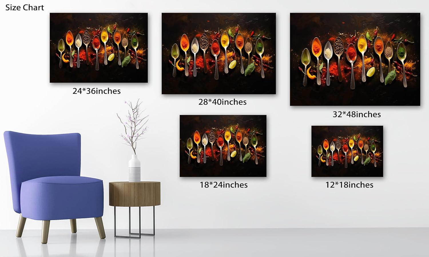 ANRUOXI Kitchen Canvas Wall Art Colorful Spice in Spoon Vintage Picture Dining Room Canvas Painting for Home Wall Decor, Spices Framed Artwork for Kitchen Restaurant Wall Decoration 24" Wx36 H Inches