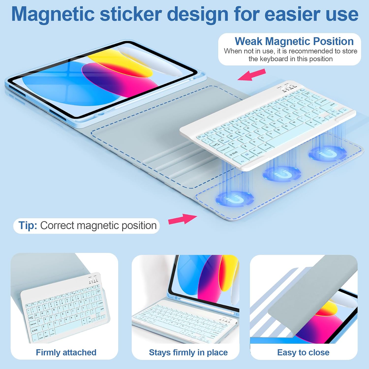 Case Keyboard for iPad Generation 11th (A16) 11'' 2025 / 10th 10.9-inch 2022, Striped Cute Girly Collegiate Style Chic Adorable with Pencil Holder for 10.9'' Case with Keyboard -Blue White