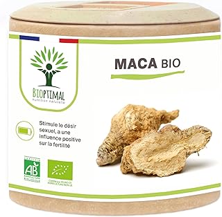 Maca Bio - Complément Alimentaire Bioptimal - Superaliment - Poudre Maca Pérou - Gélule de 300 mg - Energie Sexualité Fertilité Aphrodisiaque - Conditionné en France - Certifié Ecocert - 60 gélules