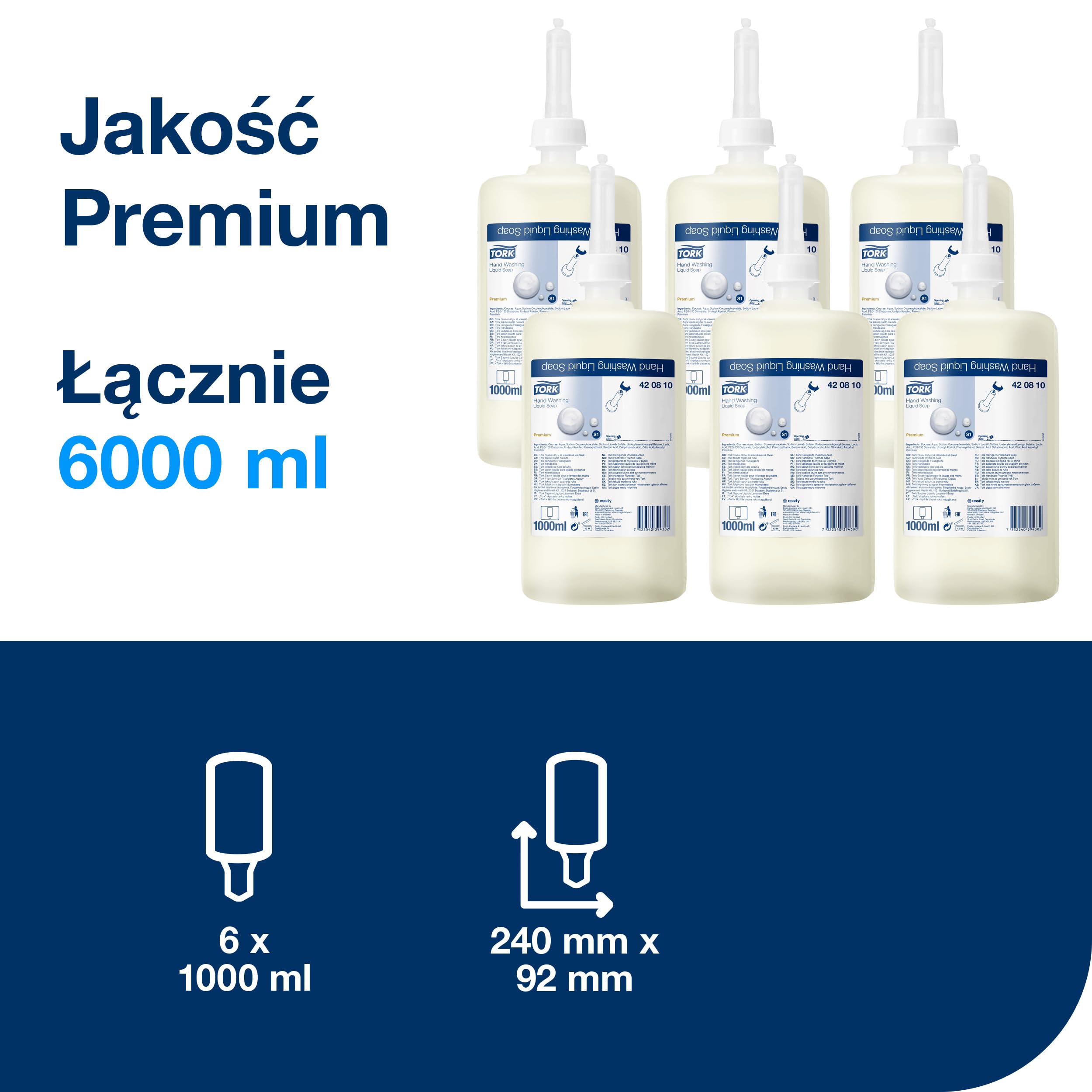 SCA Tork Bezzapachowe Mydło w Płynie do Mycia Rąk S1/S11, Rozpuszczające Tłuszcz, 6 x 1000 ml, 420810