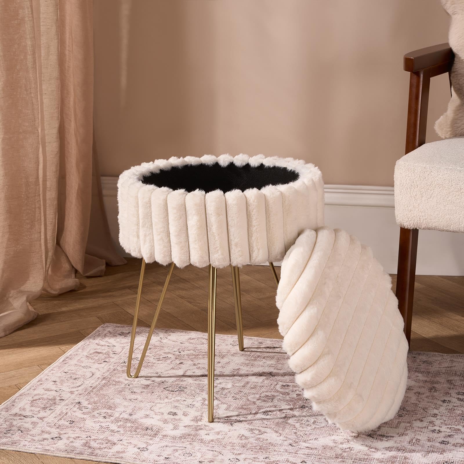 OHS Dressing Table Chair Faux Fur Ribbed Vanity Chair with Gold Hairpin Legs Stylish Storage Ottoman Bedroom Chair Storage Stool for Home Living Room Foot Stool, Cream — image 1