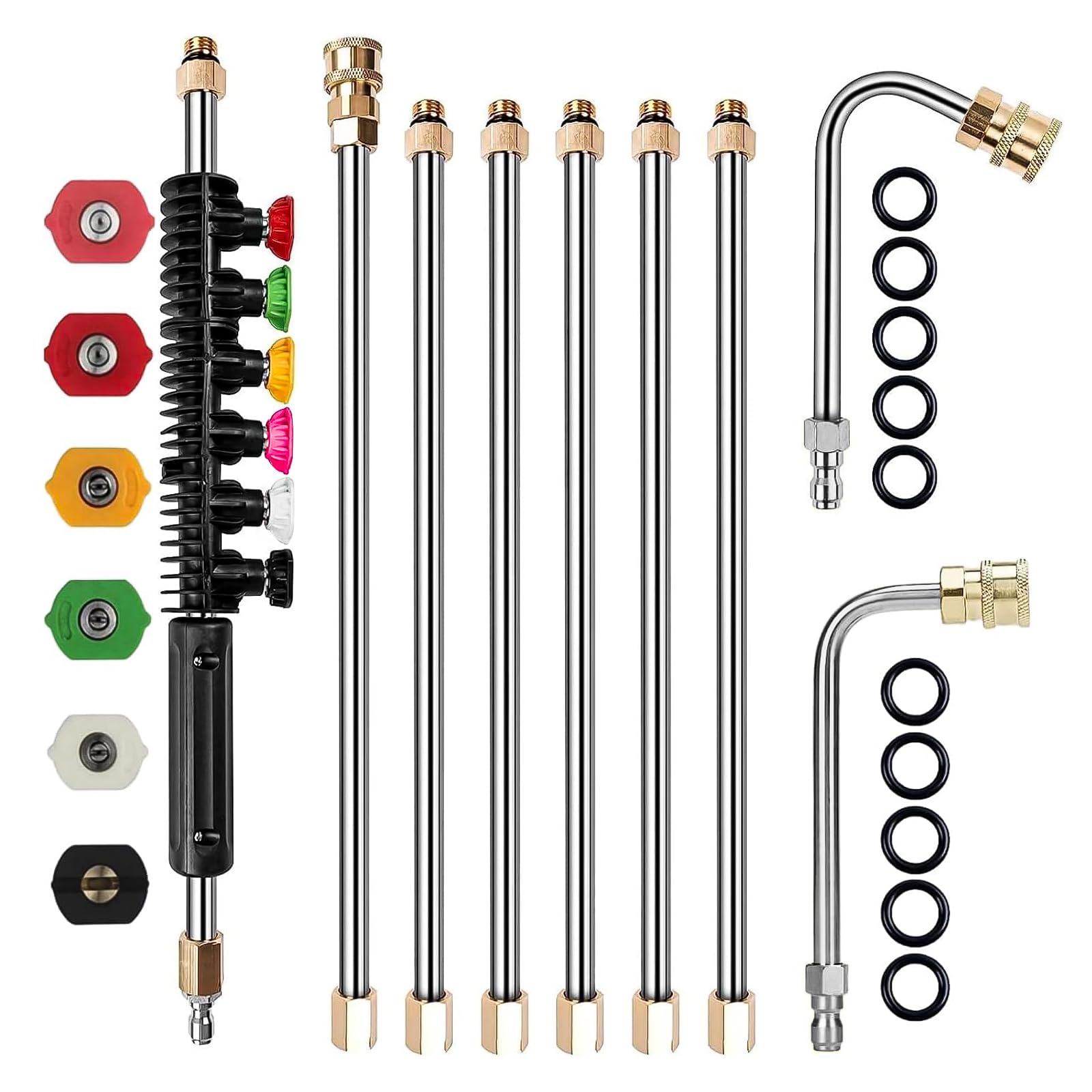 Pressure Washer Extension Wand, Power Washer Lance with Spray Nozzle Tips, 1/4" Quick Connect, 30°, 90° Gutter Cleaner Attachment Curved Rod, 10 Replaceable Anti-Leaked Ring, 4000 PSI