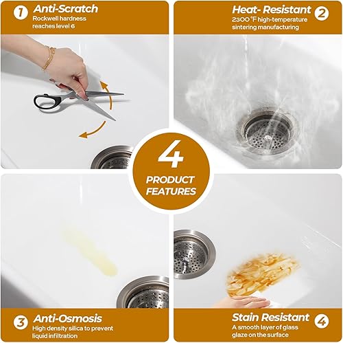 Miniatura 4 de Fregadero de arcilla refractaria de 36 pulgadas, fregadero de cocina de un solo tazón frontal con delantal de granja, fregadero de montaje inferior