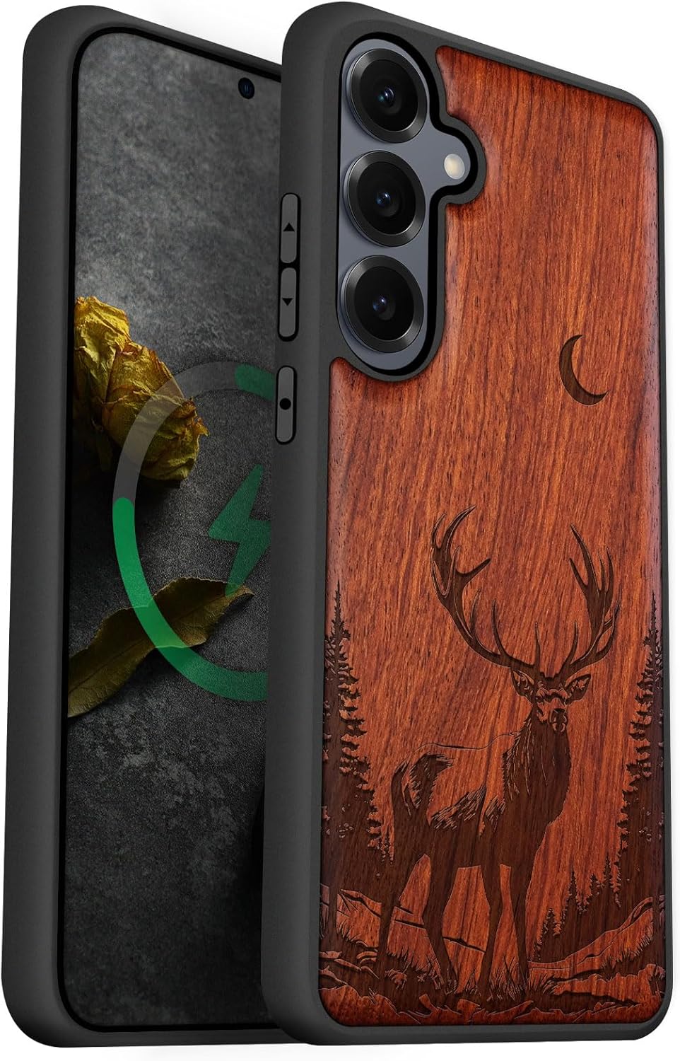 Carveit Magnetic Wooden Case for Samsung Galaxy S25 Case 2025, TPU Shockproof Cover & Wood Artisan Engraved, Compatible with MagSafe Wireless Chargers (Lunar Majesty Stag) Rosy