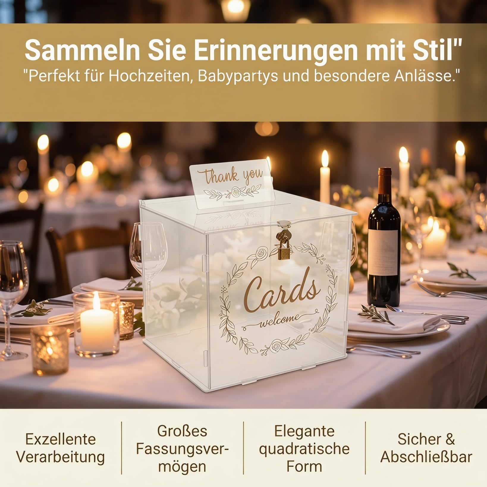 Cabilock Hochzeitskartenbox aus Acryl mit Schloss, Klare Kartenbox für Hochzeit, Große Aufbewahrungsbox für Karten Umschläge und Fotos zur Hochzeitsfeier, 9 x 9 x 9 Zoll