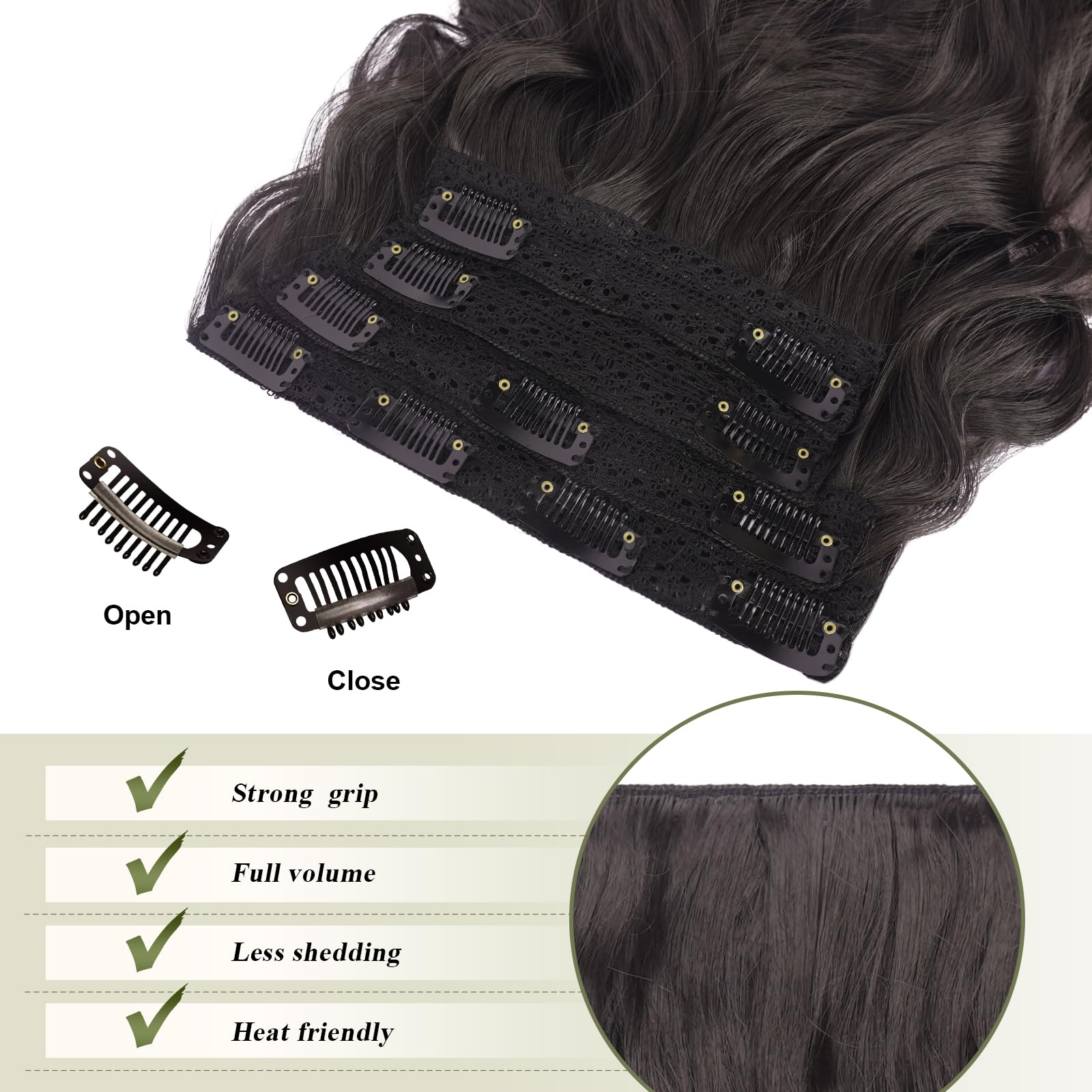 FESHFEN Clip in Hair Extensions 4PCs Long Wavy Thick Hair Piece Highlighted Full Head Synthetic Natural Curly Natural Black Extension for Women 16 Inch - Image 4