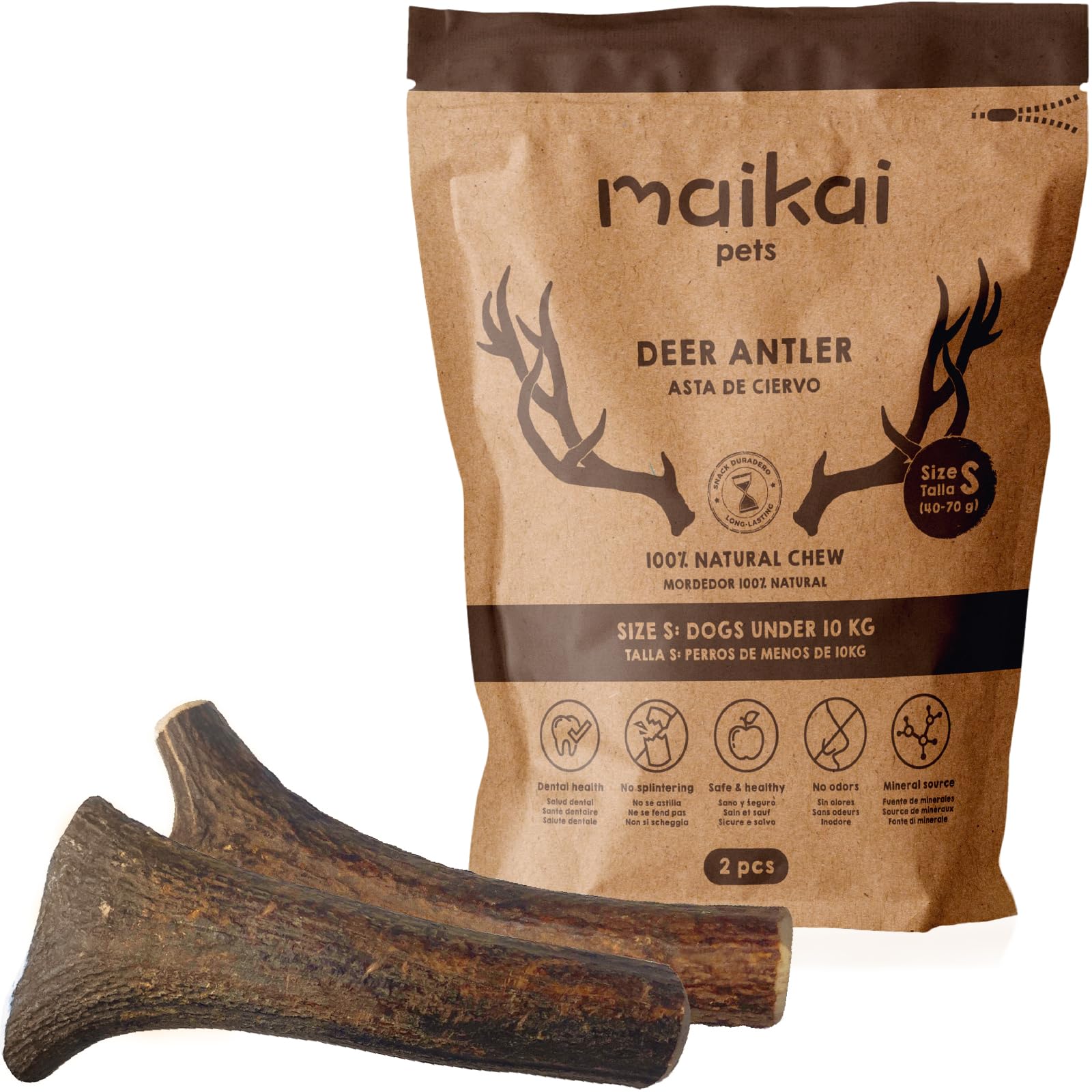 MAIKAI Packung 2 Hirschgeweih für Hunde Größe S – 100% Natürlich – Kauspielzeug + Unzerstörbar – Hundeleckerli + Kauartikel für Welpen – Langlebiger Kauknochen und Kaustangen