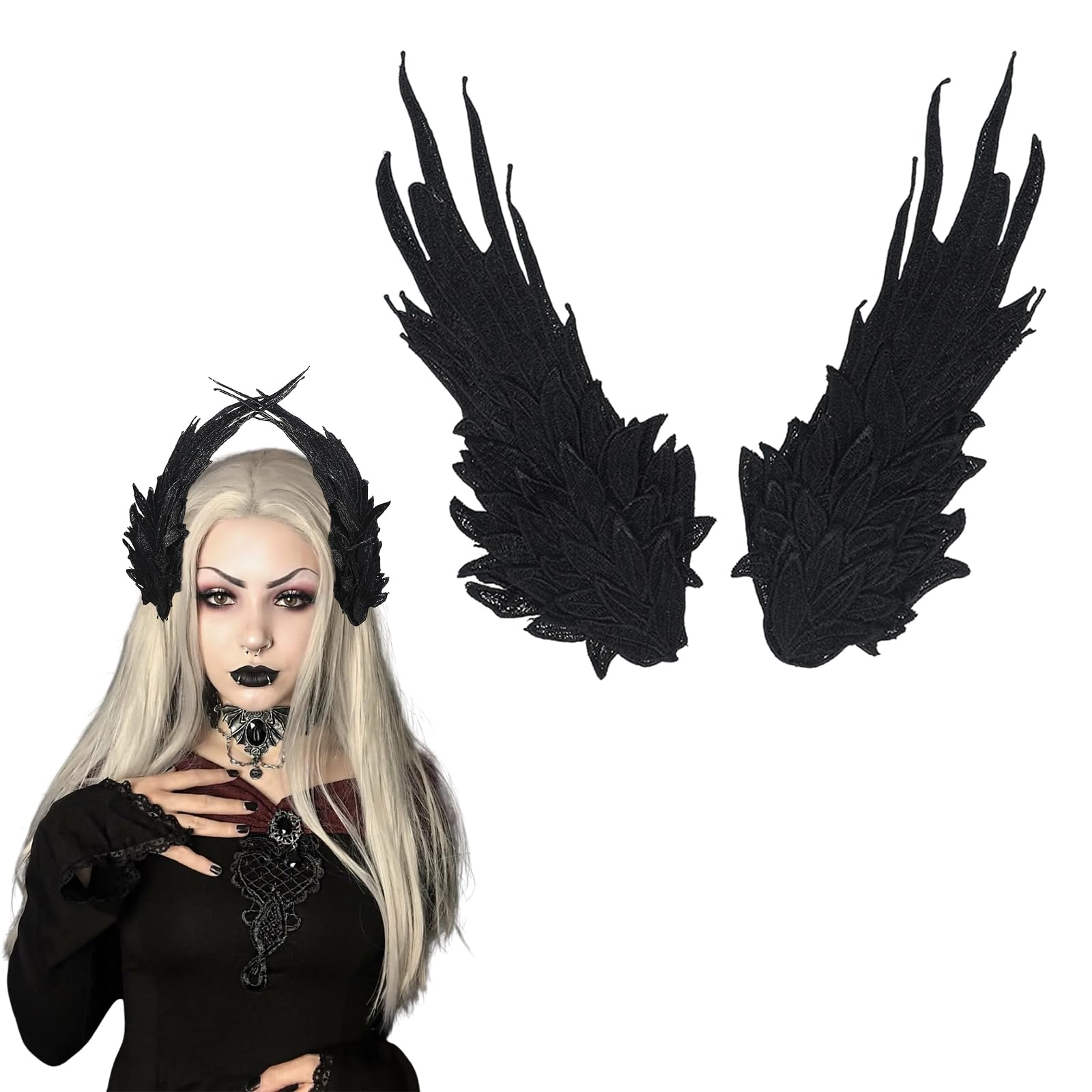 Double Layer Embroidered Angel Wing Hair Clips Cosplay Angel Demon Costume Headpiece Hair Accessories for Halloween Party Headwear (Black)
