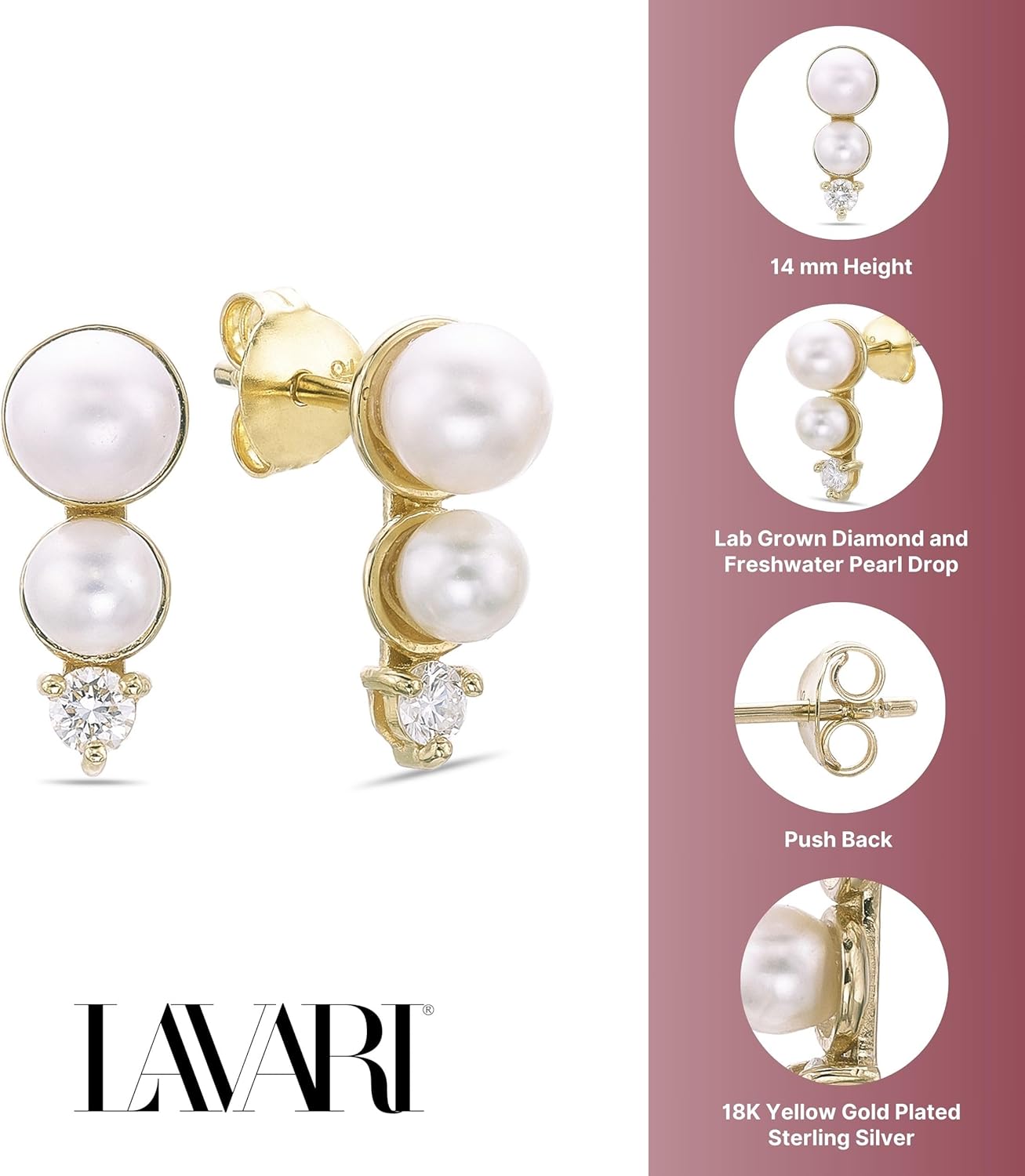 Lavari Jewelers 1/8 Carat Lab Grown Diamond and Freshwater Pearl Drop Earrings for Women - 18k Yellow Gold Plated 925 Sterling Silver Pearl Stud Earrings for Her - Hypoallergenic Push Back Studs