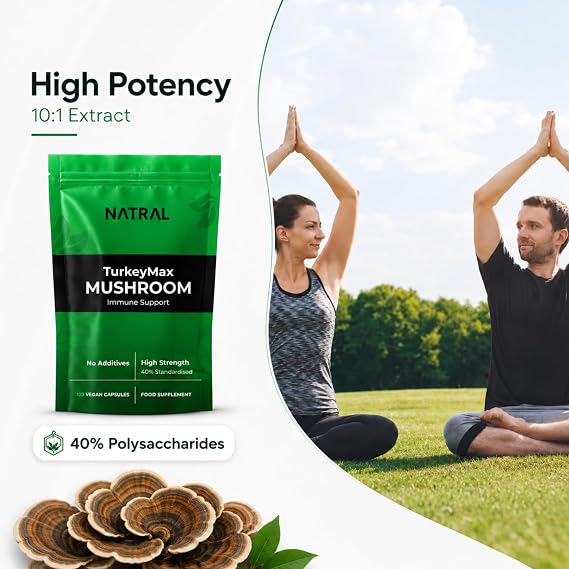 NATRAL TurkkeyTails 120 Capsules - 40% Actives High Strength Turkkey Tails - 100% Extract Only from 100% Fruiting Bodies - with No Additives or Fillers - Supports Immunity