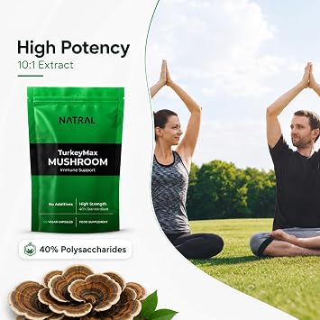 NATRAL TurkkeyTails 120 Capsules - 40% Actives High Strength Turkkey Tails - 100% Extract Only from 100% Fruiting Bodies - with No Additives or Fillers - Supports Immunity