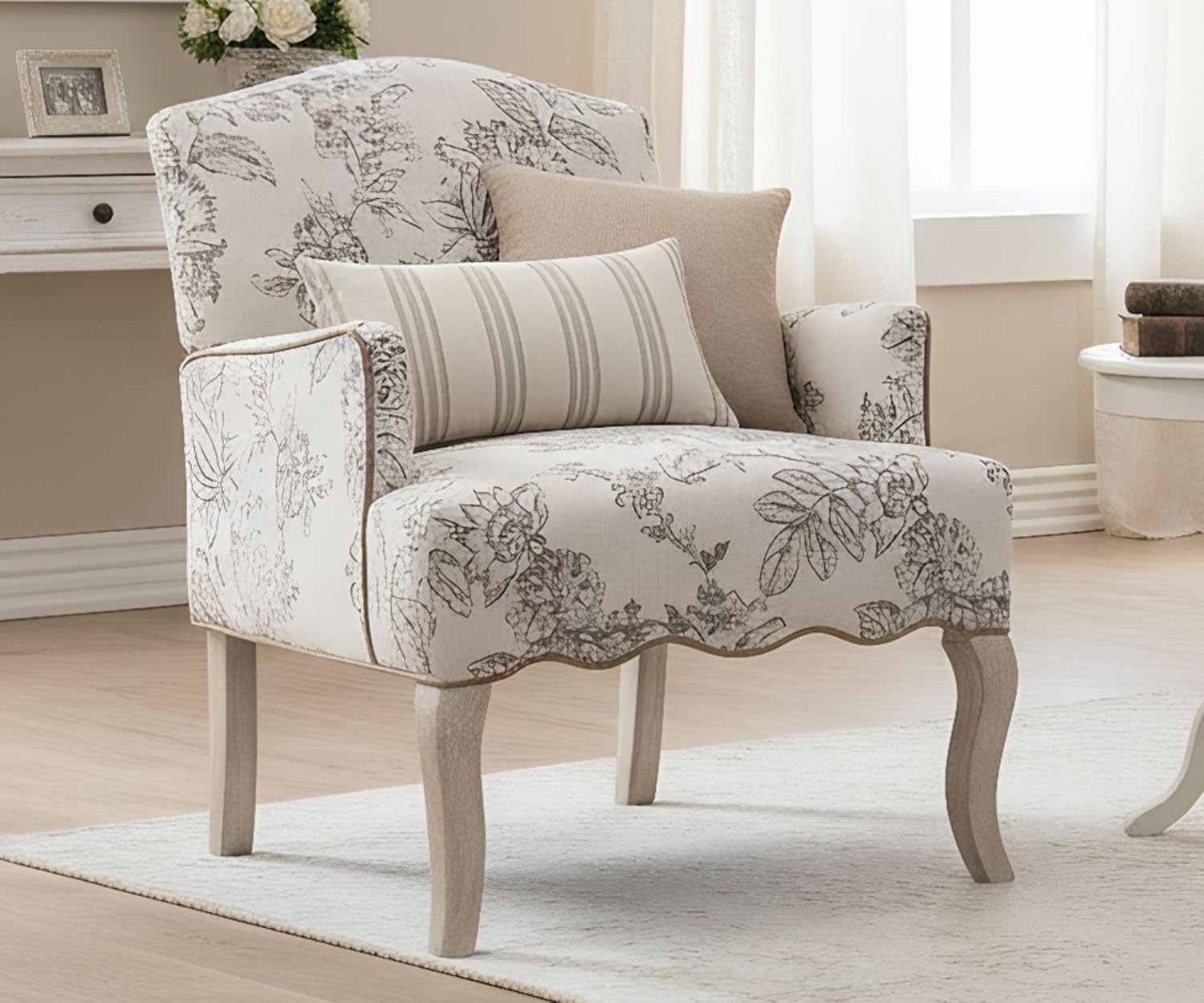 Floral Accent Chair Fabric Comfy Single Sofa Upholstered Modern Reading Chair with Removable Pillow Wingback Arm Chair for Living Room/Bedroom/Fireplace, Beige