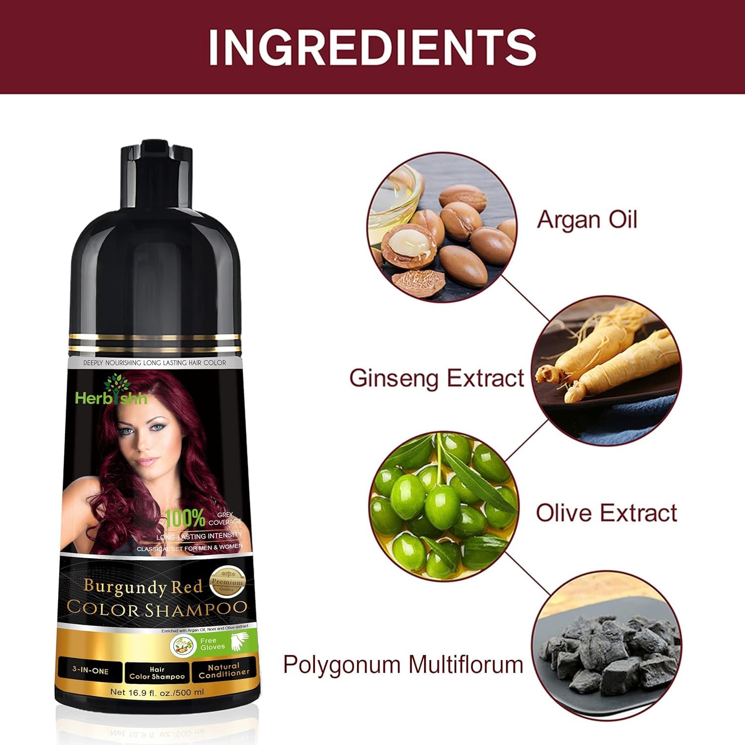 Herbishh Hair Color Shampoo for Grey Hair 500ml + Argan Hair Mask for Dry or Damaged Hair | Hair Dye | Cover Grey Hair for Men and Women (Burgundy)