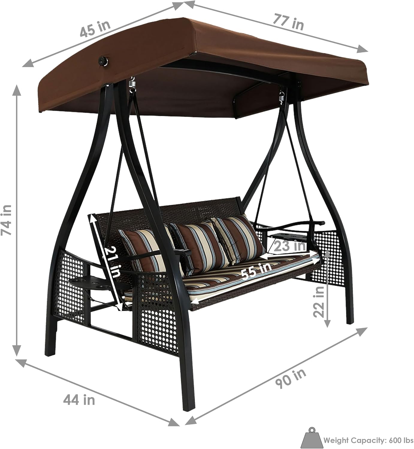 Sunnydaze 3-Seat Patio Swing with Steel Frame and Canopy - 600-Pound Weight Capacity - Brown Stripe Cushions