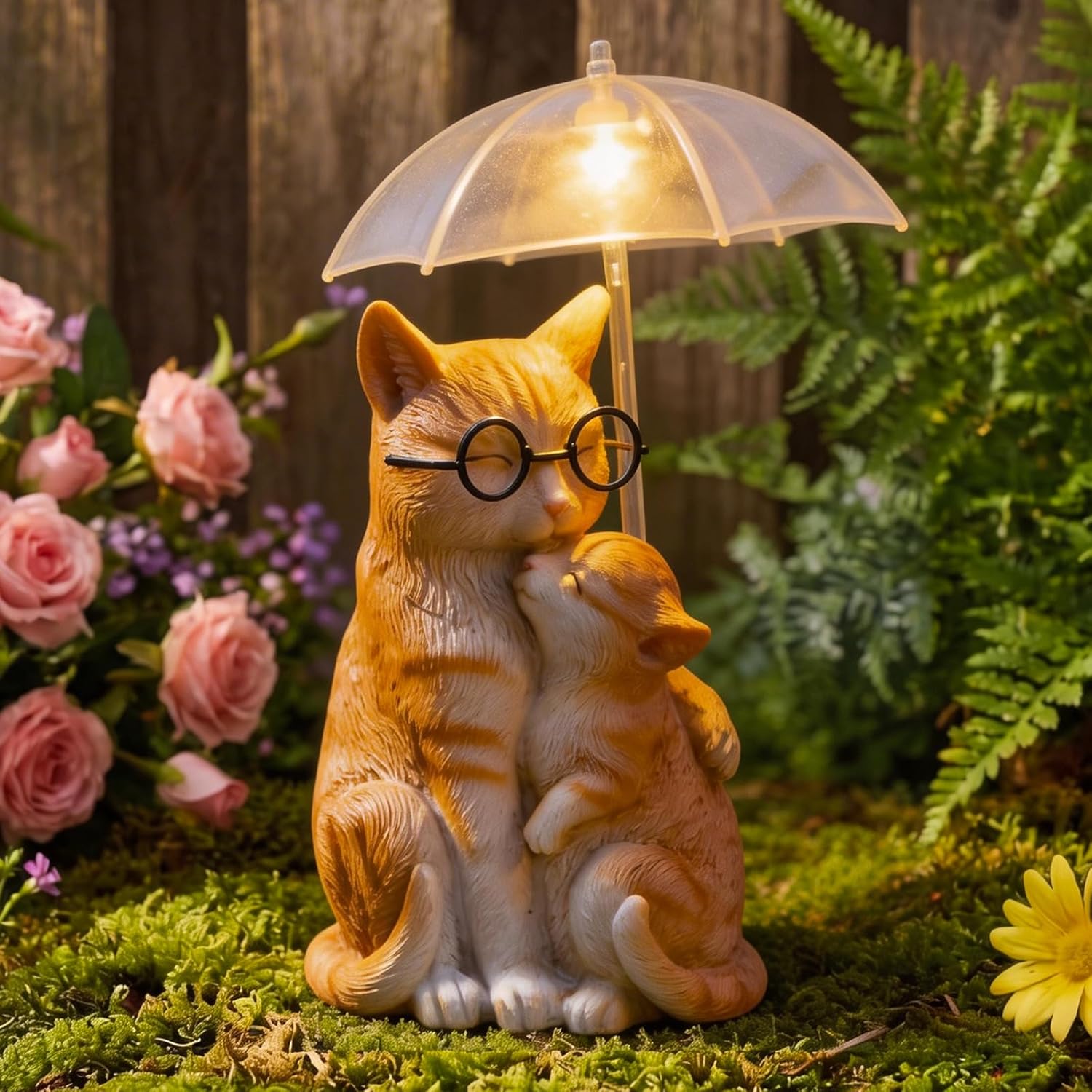 Solar Cat Garden Statues Loving Cat Garden Decor with Umbrella，Mother and Kitten Outdoor Decor Figurines Lights for Outside Yard Patio Balcony Lawn Ornaments, Gifts for Cat Lovers Mom Grandma Women