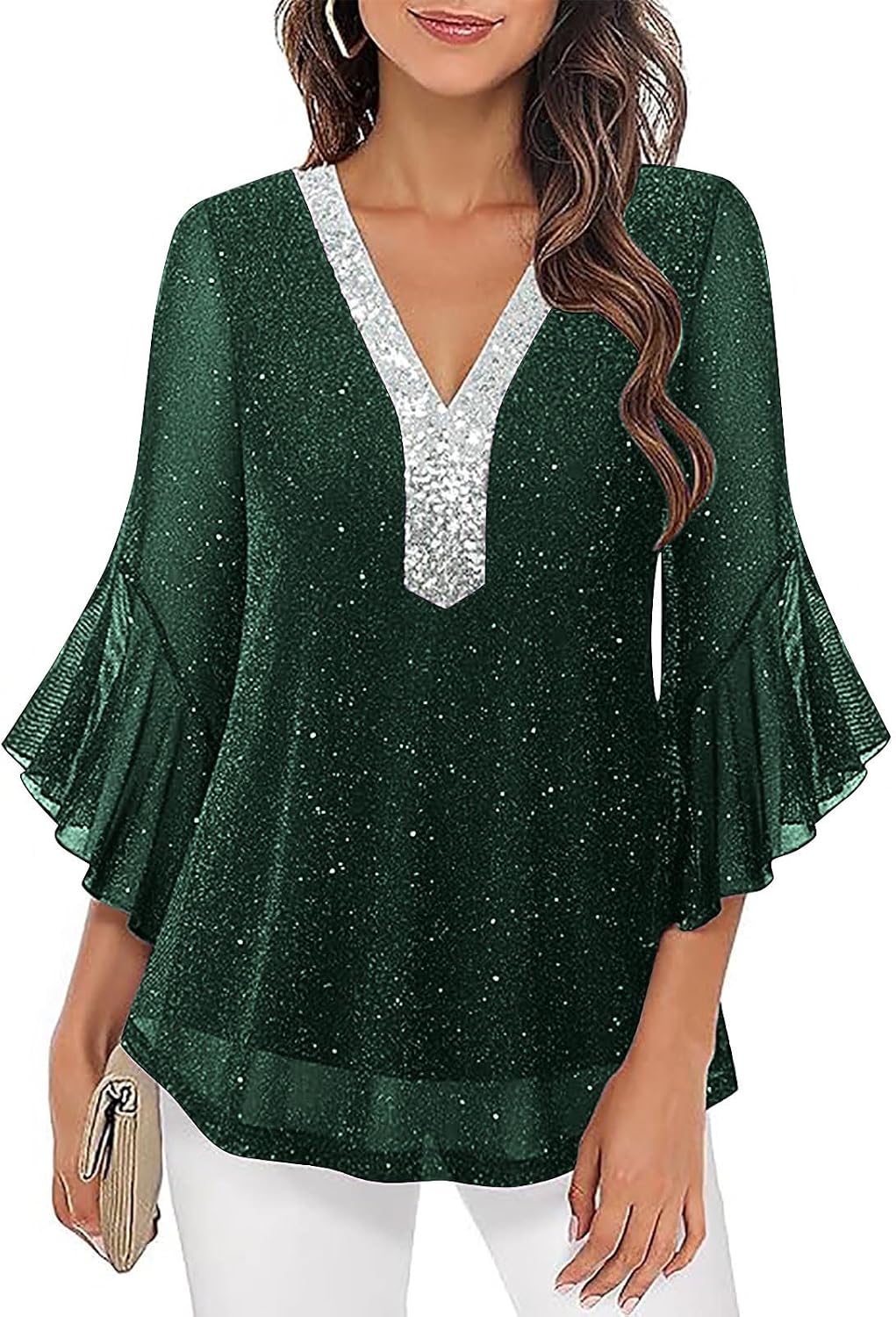 Sparkly Tops for Women, 3/4 Length Sleeve Shirts Dressy Casual Loose V Neck Solid Color Holiday Tunic Blouses