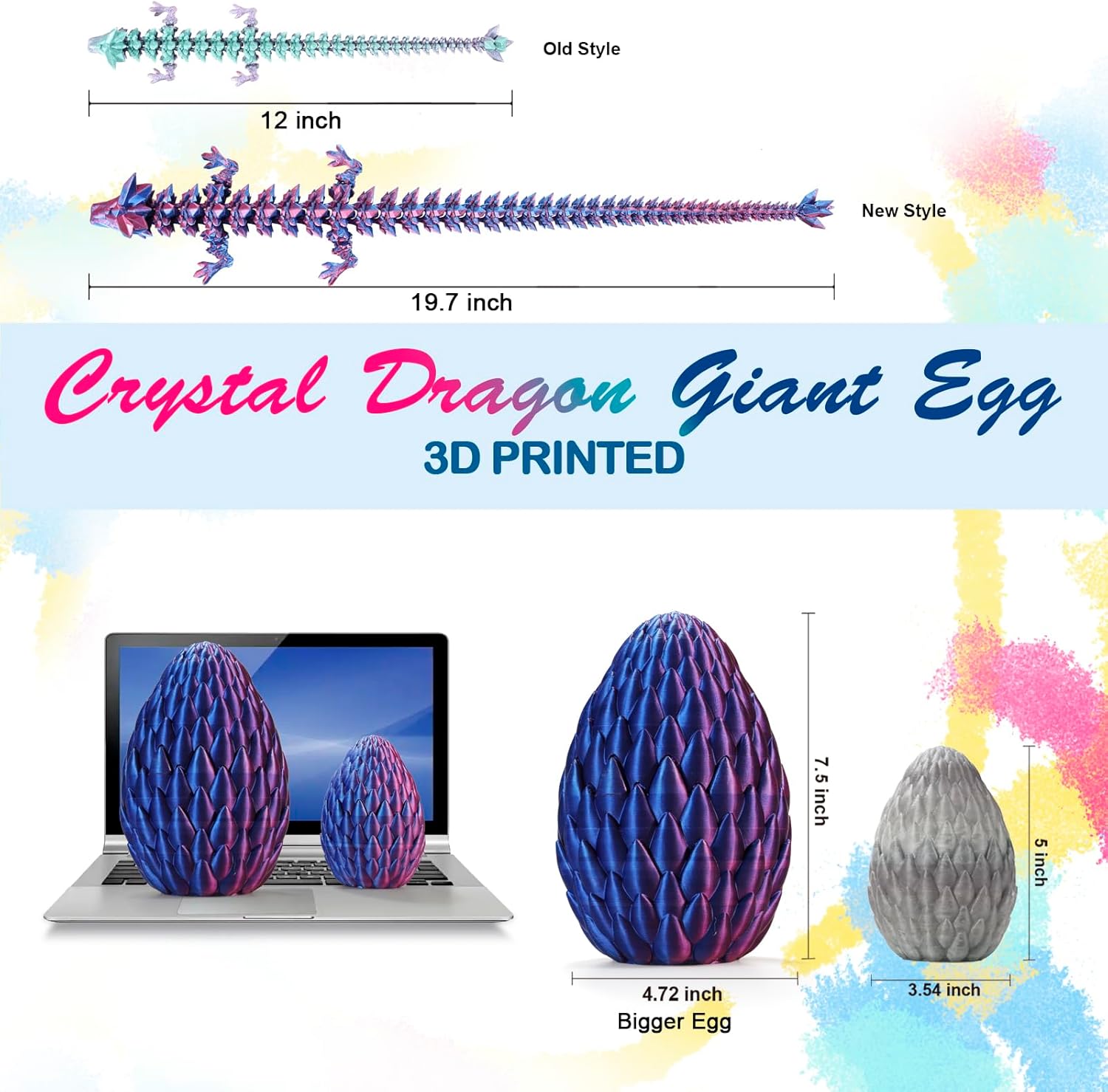 19 inch Large 3D Printed Dragon,Dragon Eggs with Dragon Inside,Surprise Dragon Egg Toy,Prefilled Easter Eggs Basket Stuffers for Boys Kids Teen 5-7 4-6 8-12