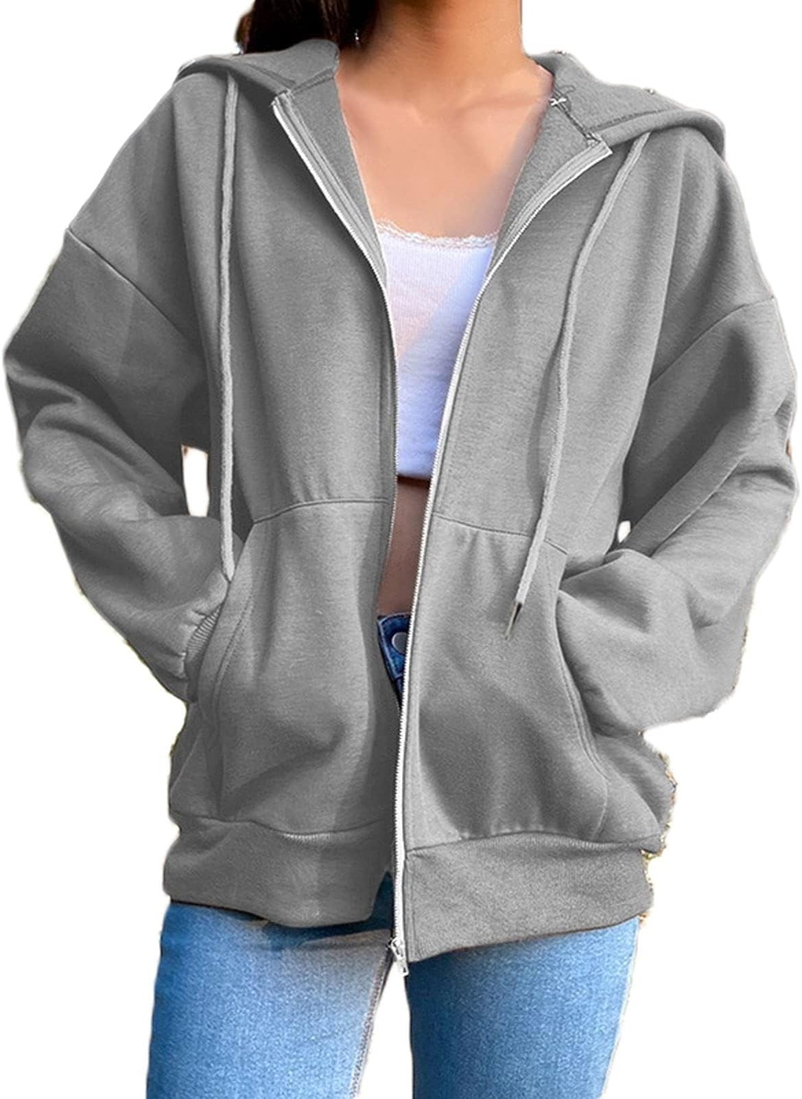 YokbeerWomen Zip Hoodies Oversize Pullover Girl Autumn Long Sleeve Sports Jacket Warm Sweatshirt with Pockets (Color : Dark gray, Size : XX-Large)