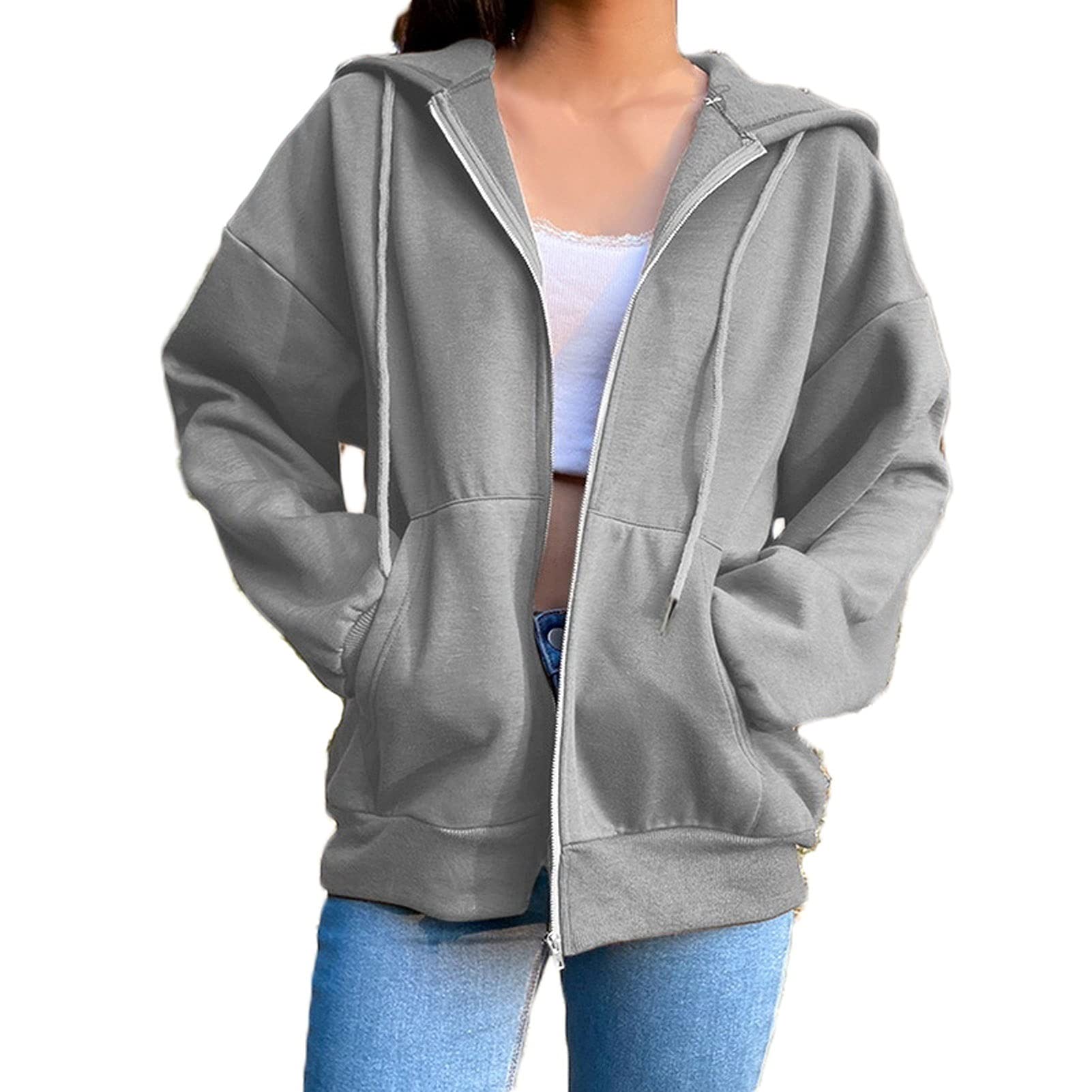 YokbeerWomen Zip Hoodies Oversize Pullover Girl Autumn Long Sleeve Sports Jacket Warm Sweatshirt with Pockets (Color : Dark gray, Size : XX-Large)