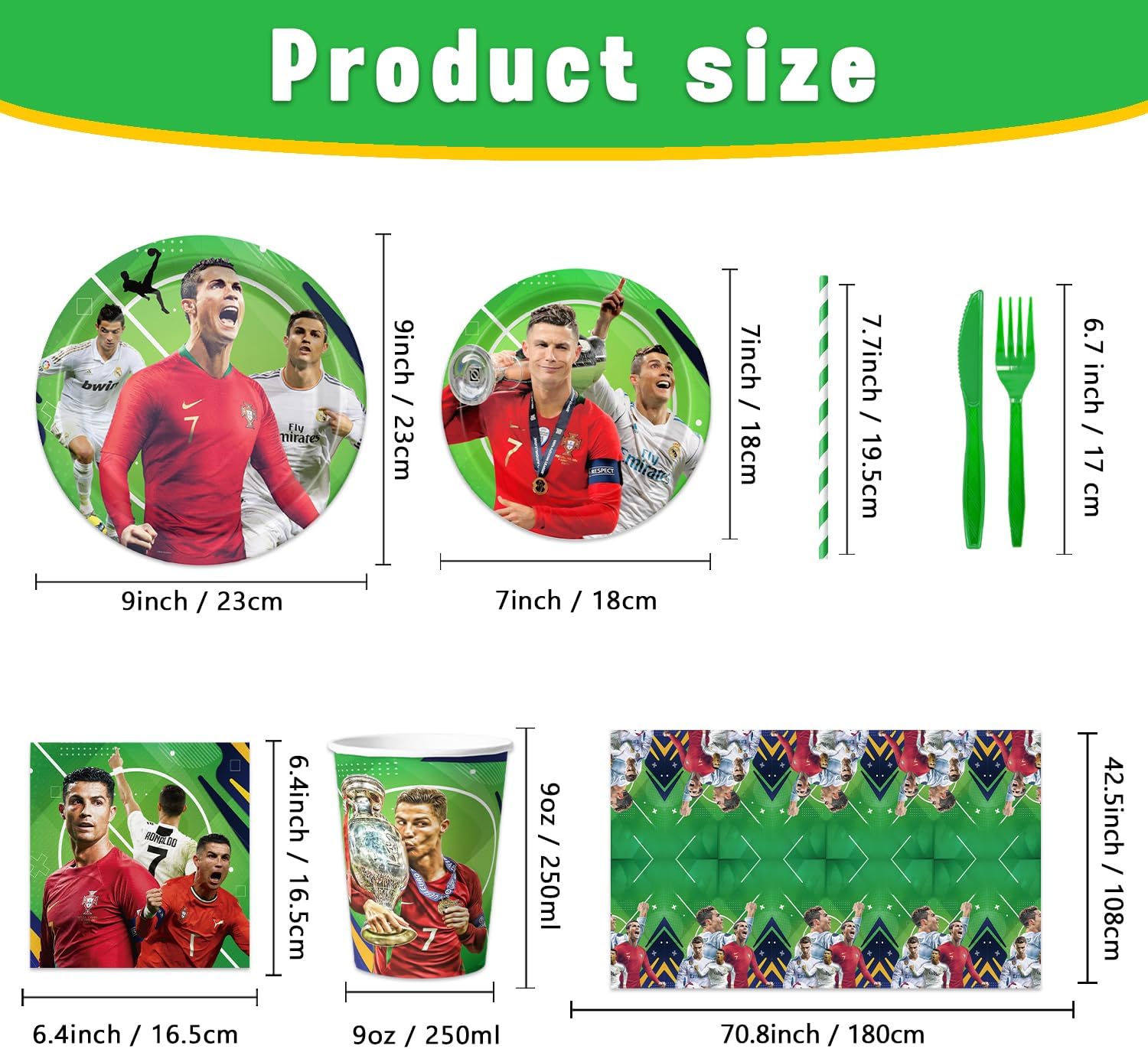 141pcs Soccer Ronaldo Party Supplies Pack Includes，Napkin，Plates,Tablecloth,Spoon,Straw,Kinfe,for Soccer Ronaldo party supplies