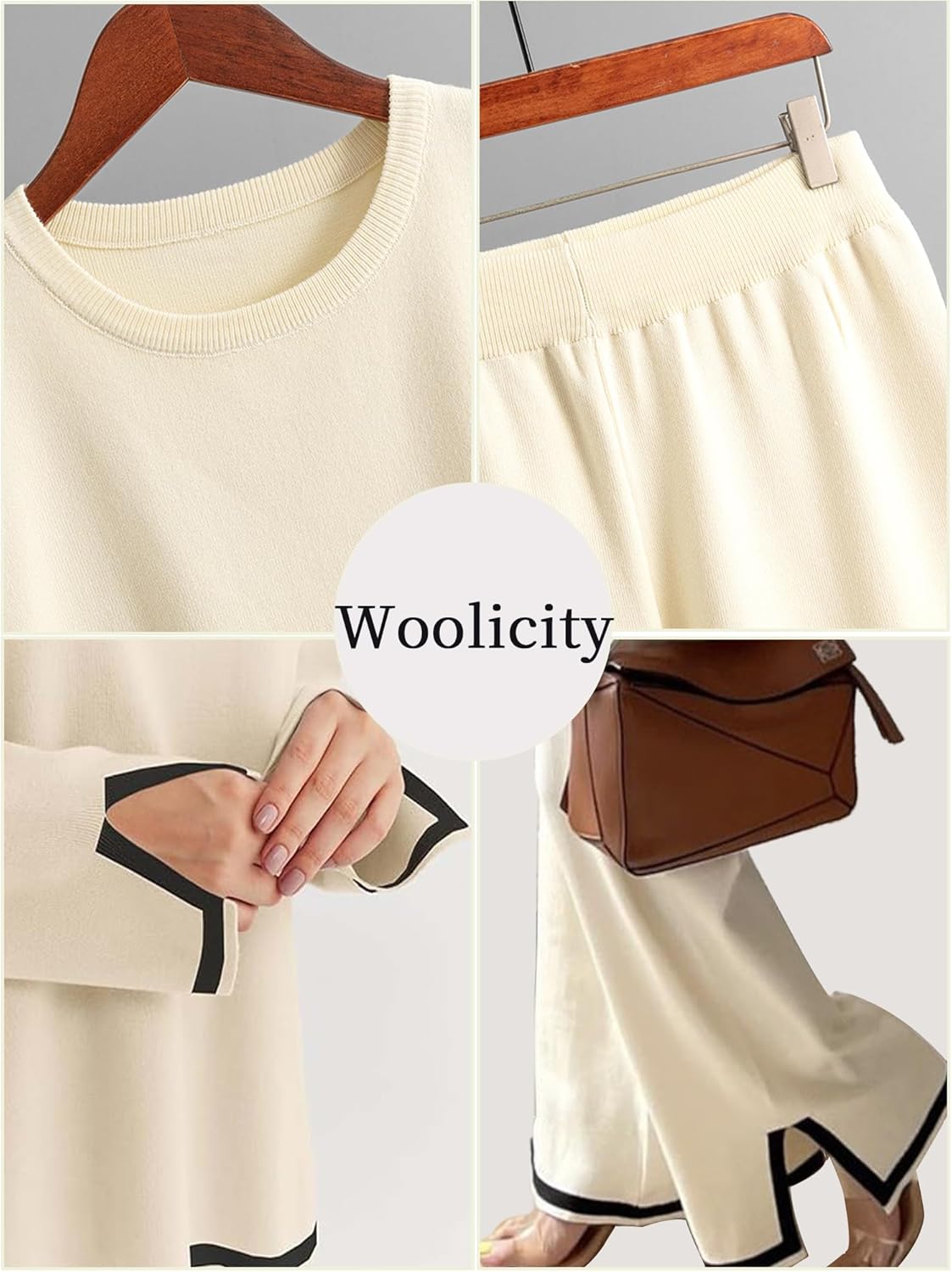 Woolicity NEW Womens 2 Piece Sweatsuit Set Outfits Long Sleeve Knit Sweater Top Wide Leg Pants Lounge Sets Tracksuits Set Apricot XL - Image 6