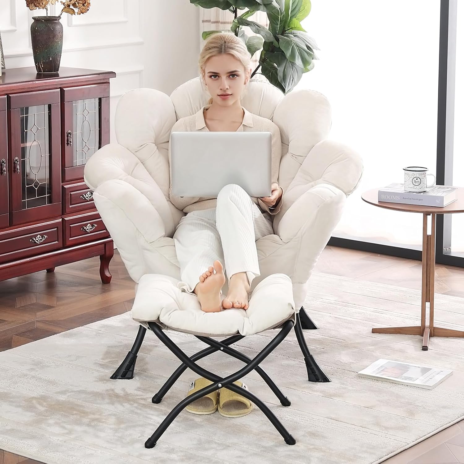 2025 Lazy Chair with Ottoman, Cozy Butterfly Reading Chair Mid-Century Lounge Accent Chair with Footrest for Small Space Living Room, Bedroom, Office & Dorm Room, Velvet Beige