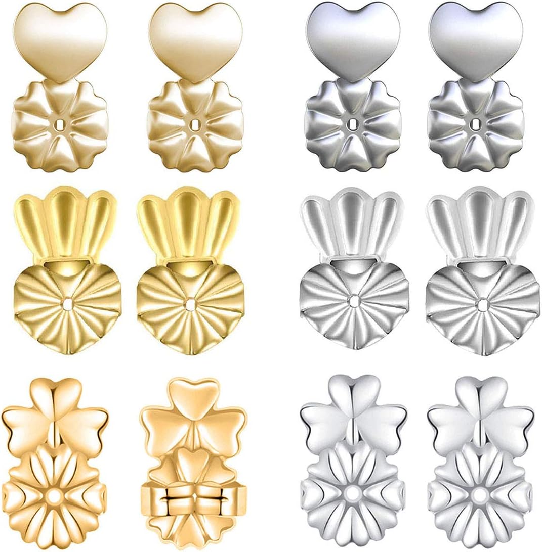 Wahbite 6 Pairs Earring Lifters, Adjustable Hypoallergenic Earring Secure Backs, 18K Gold Plated, Sterling Silver, Heart-Shaped, Crown & Clover Style