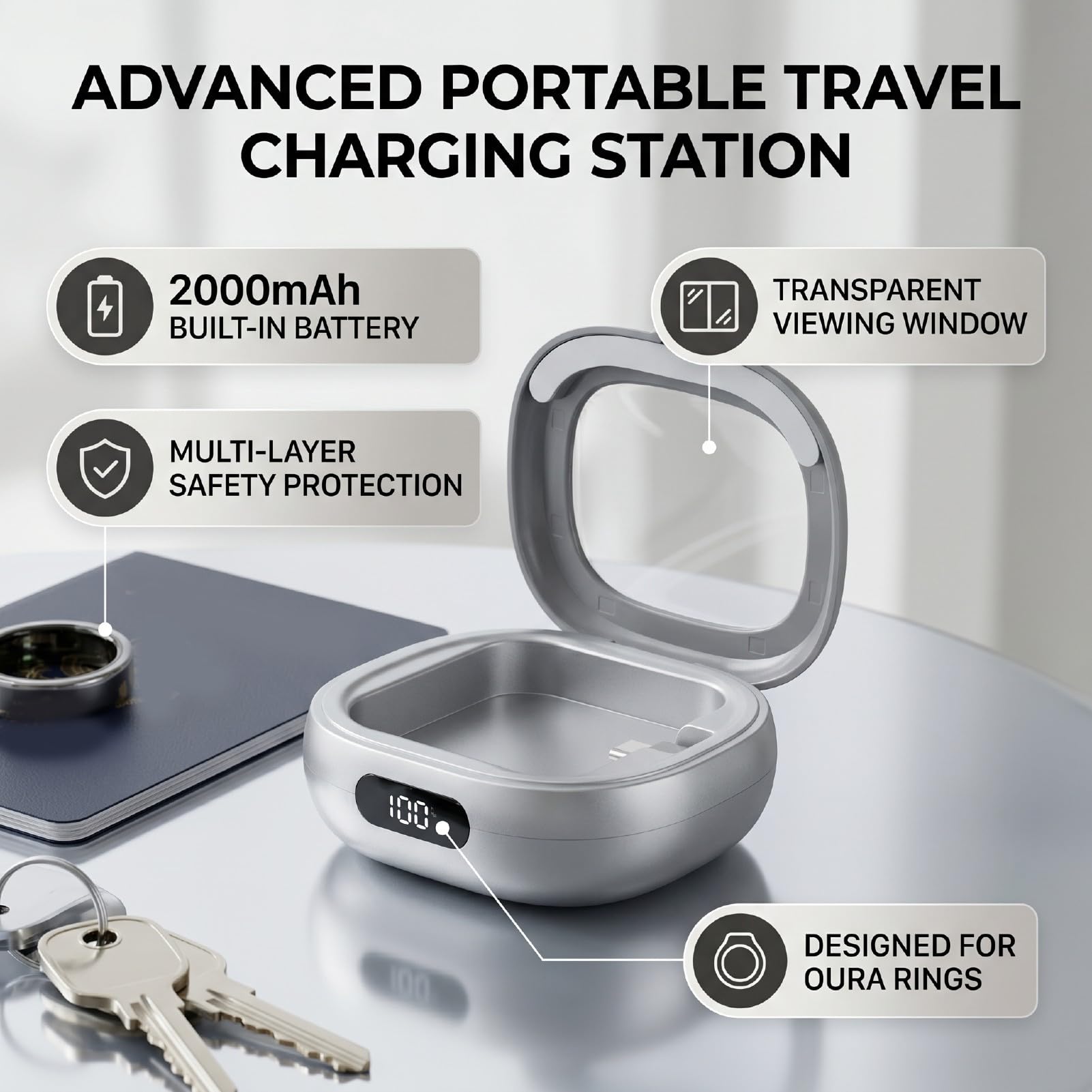 Wakects Custodia di Ricarica Adatta per Ring 3, Custodia Caricabatterie Smart Ring in ABS con Batteria da 2000 MAh, Finestra LED, Protezione Multipla, Stazione di Ricarica da Viaggio per Utenti Gen
