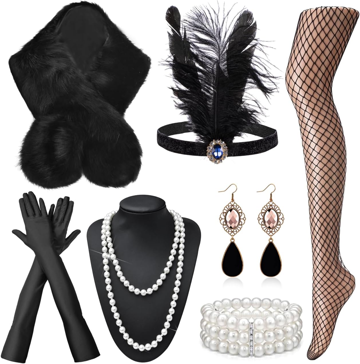 (Incomplete) EIELO 1920s Great Gatsby Accessories Set for Women Faux Fur Shawl Wrap Headpiece Headband Flapper Costume Accessories