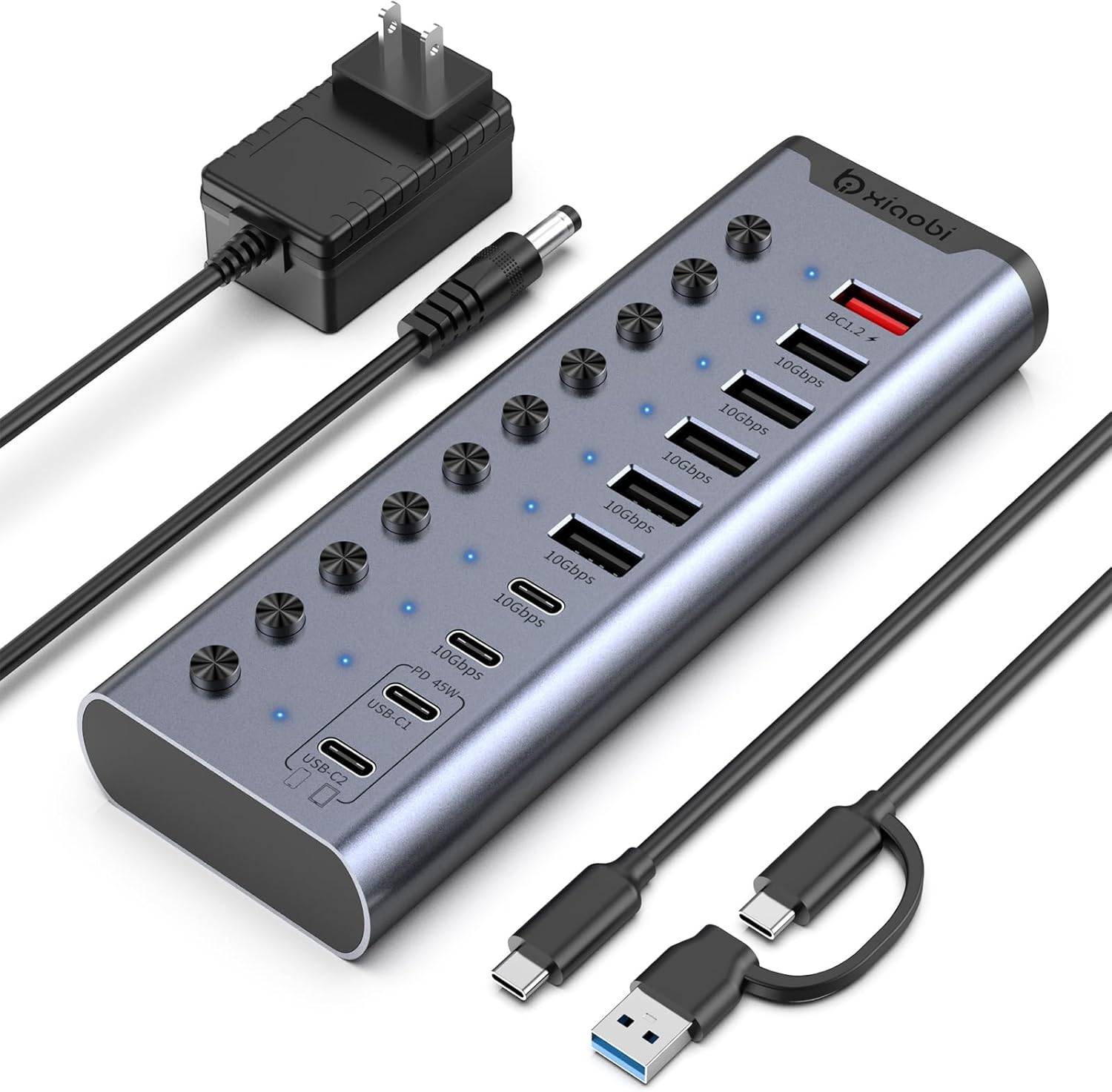 Powered USB Hub, 10-Port USB C Hub with 6*USB-A 3.2, 2*USB-C 3.2 and 2*PD 45W Charging Ports Individual Switches and 24V/3A Power Adapter, USB Extension for MacBook, PC and More.