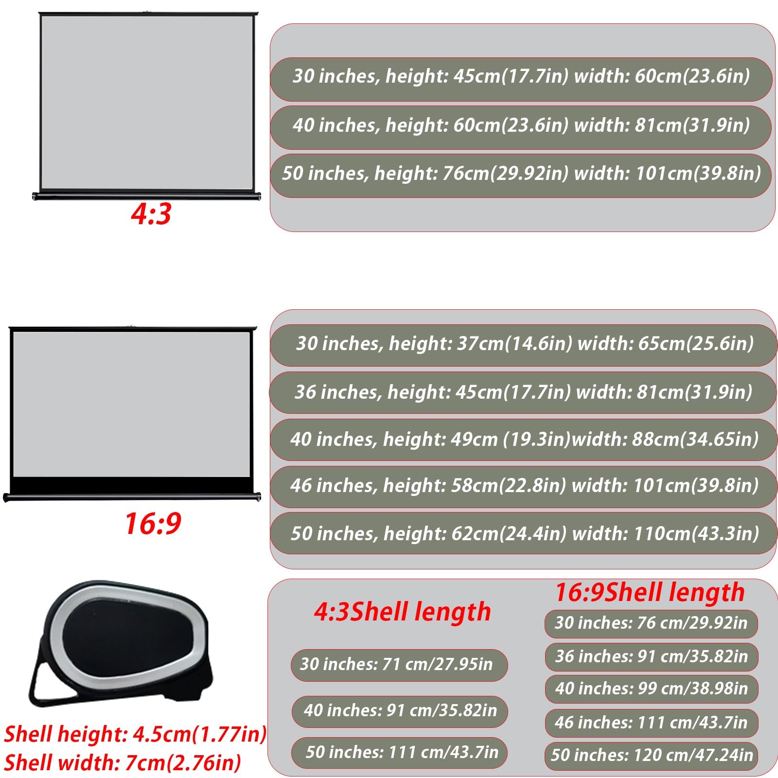 Schermo Del Proiettore Retrattile Manuale, Schermo Di Proiezione HD 4K, Schermo Di Proiezione per Ufficio, Adatto per Campeggio, Ufficio, Home Theater, Schermo per Proiettore Da Pavimento(50"16:9)
