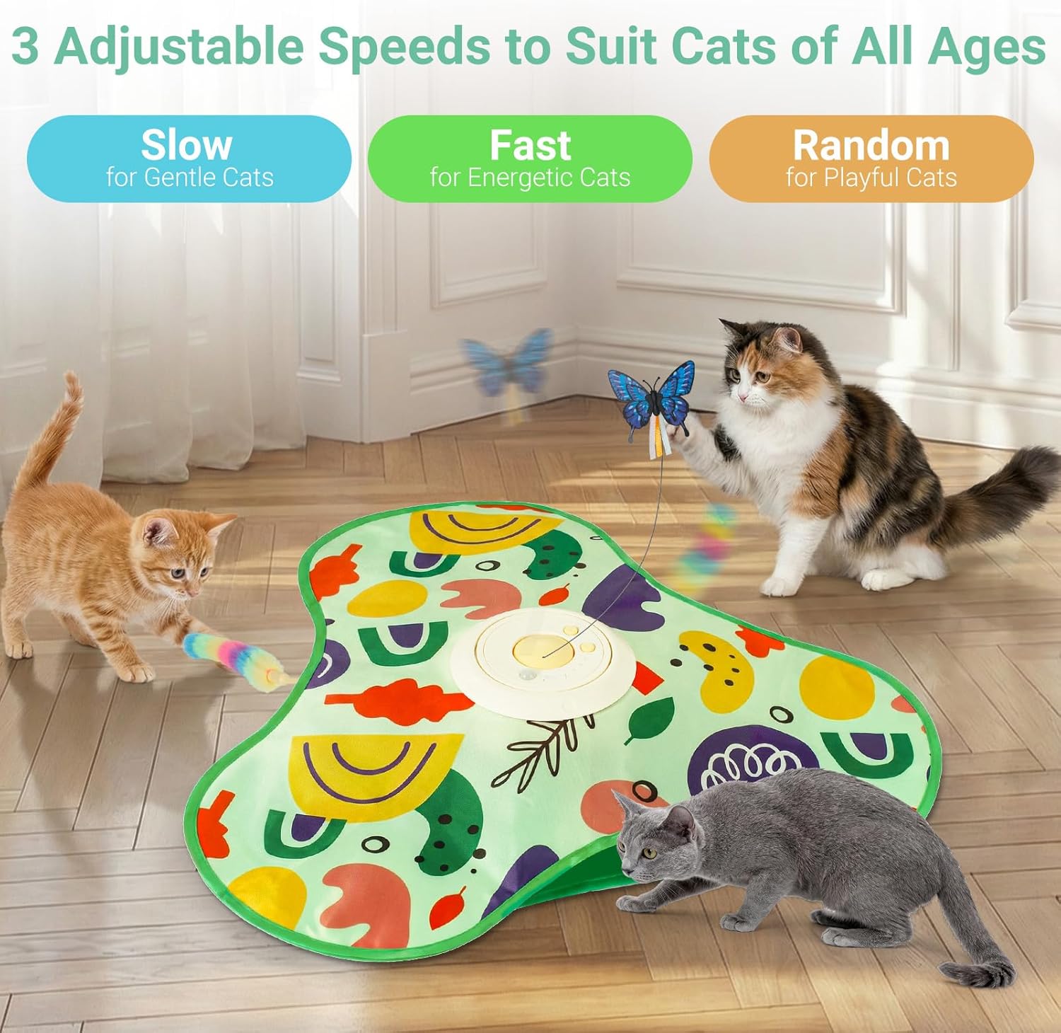 Interactive Cat Toy for Indoor Cats, Rechargeable Touch Activated Kitten Toy with Dual Motion Butterfly & Feather Tail, 3 Speed Automatic Smart Play for Exercise & Boredom Relief
