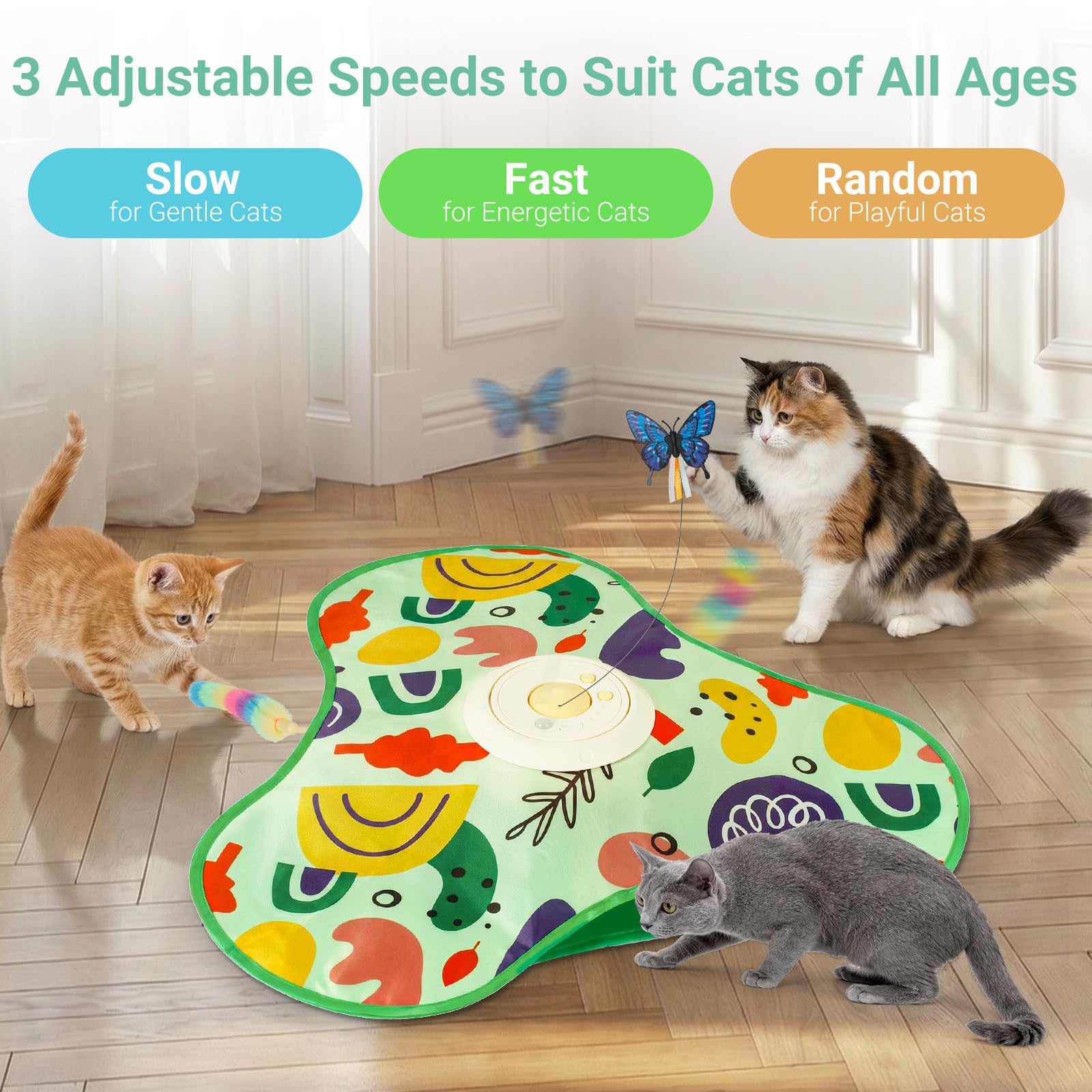 Interactive Cat Toy for Indoor Cats, Recargable Touch Activated Kitten Toy with Dual Motion Butterfly & Feather Tail, 3 Speed Automatic Smart Play for Ejercise & Boredom Relief