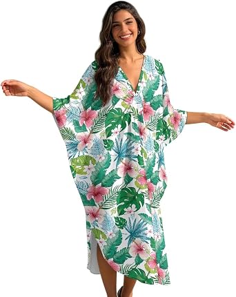Swimsuit Coverup for Women Kaftan Dresses Short Sleeve Bikini Caftan Lightweight V Neck Swimwear Beachwear