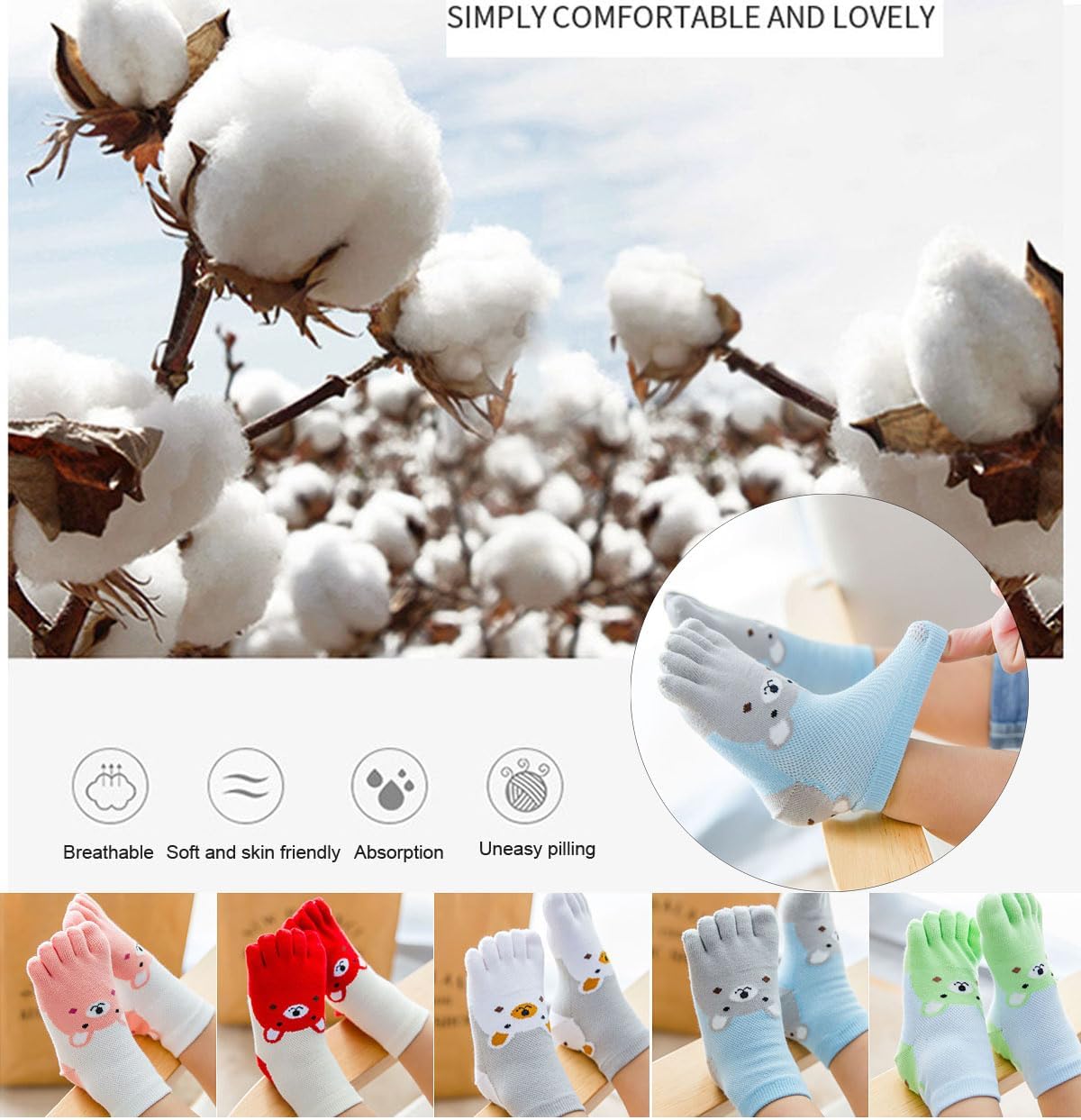 Pursuestar 2 Pairs Five Finger Toe Socks Running Breathable Mesh Seperated Bear Socks for Kids Girls Boys 3-12 Years