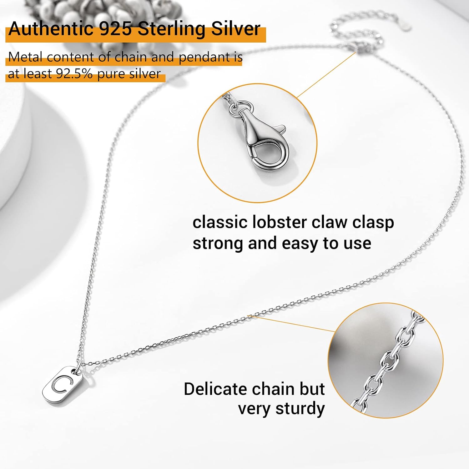 PROSILVER 925 Sterling Silver Small Initial Necklaces for Women, Personalized Dainty Letter Necklace A-Z, Elegant Silver/Cool Black, 16"-18" Adjustable, Come with Box