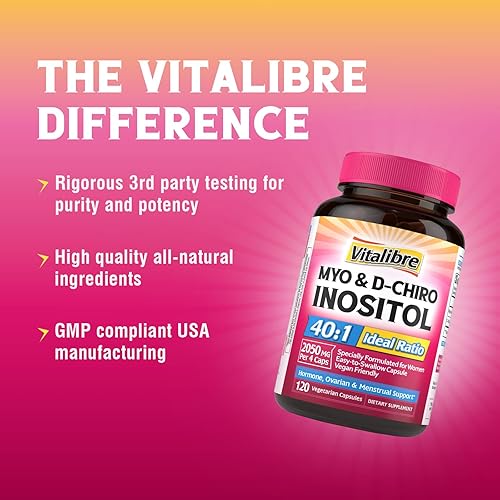 Miniatura 9 de Suplemento de inositol, mio-inositol y D-Chiro Inositol Suplementos de fertilidad para mujeres, proporción ideal 401, equilibrio hormonal y apoyo