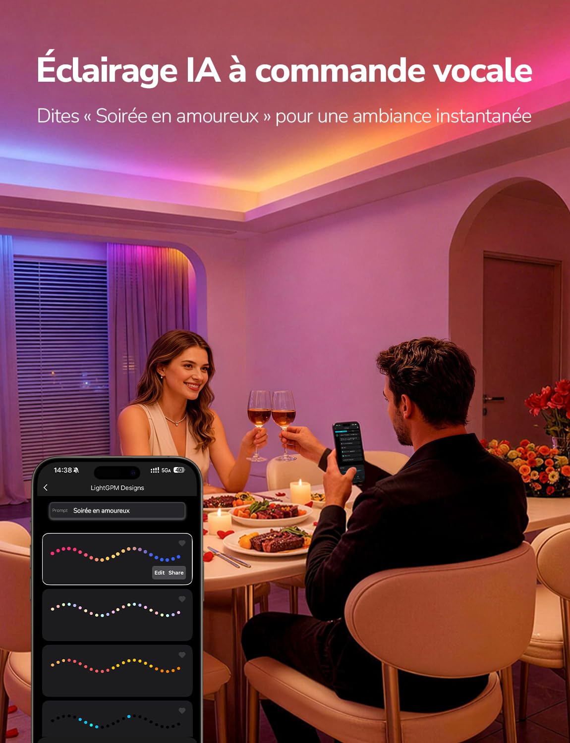 Lepro S1 IA Ruban LED Connecté 5M, Concepteur d'Éclairage IA Personnalisé, Bande LED Wifi RGB+IC App Contrôle, Sync Musique, Compatible avec Alexa et Google Assistant pour Maison Chambre Fête Gaming