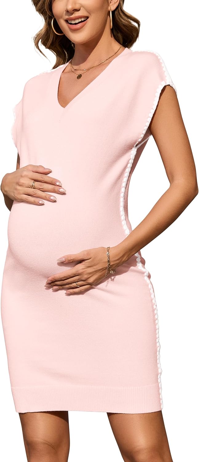 OUGES Summer Maternity RIC Rac Dress Cap Sleeve V Neck Knit Casual Mini Sweater Dress Business Outfits for Women 2025