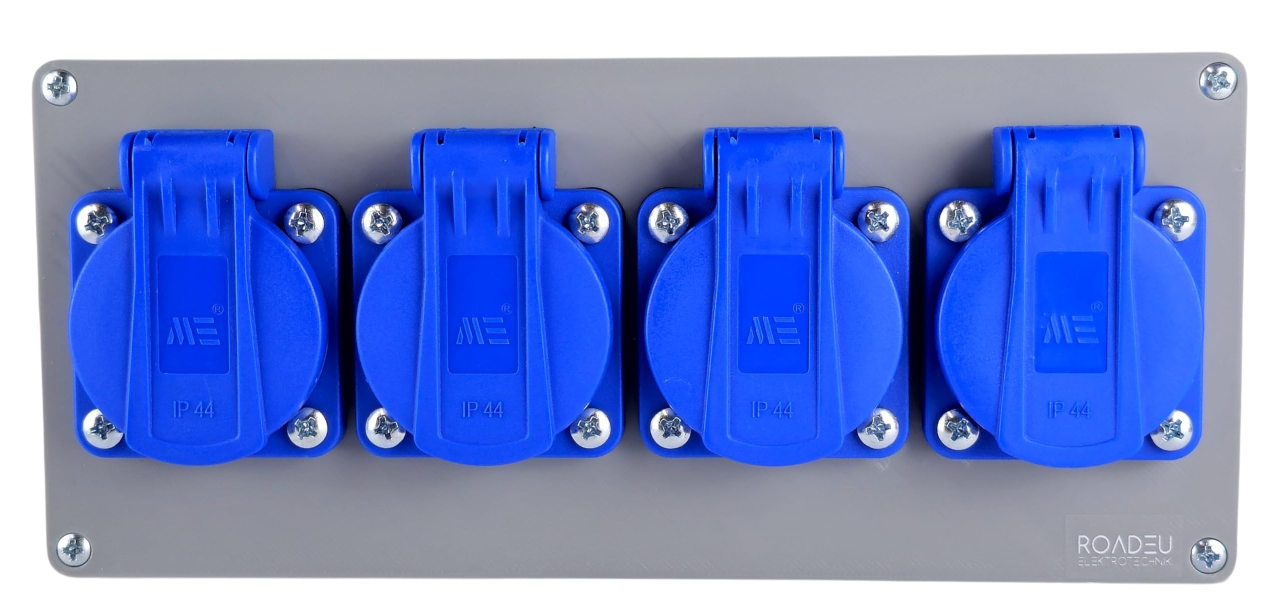 RoadEu Bloc Multiprise IP44 Saillie | 4 Prises Françaises 2P+T 230V/16A | Boîtier de Distribution Pré-câblé avec Presse-étoupe PG13,5 | Répartiteur de Chantier pour Garage, Atelier & Extérieur Couvert