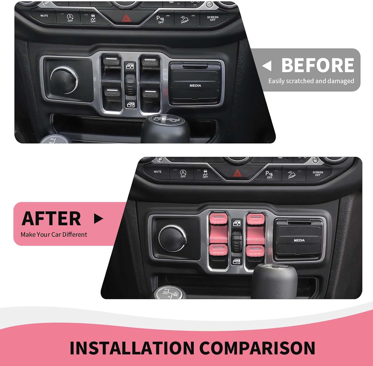 RAZPOY JL Window Switch Trim, 6PCS Center Console Window Button Cover Compatible with 2018-2023 Jeep Wrangler JL JLU & Gladiator JT, ABS Pink